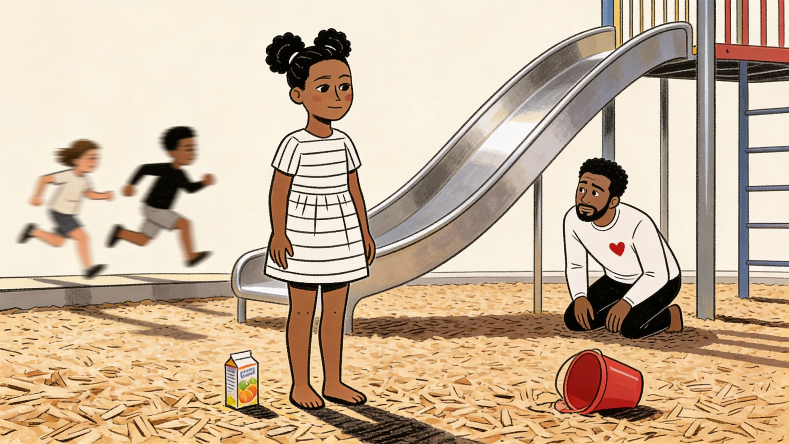 child around 6 standing still near a slide as her father kneels to build safety while other kids run past