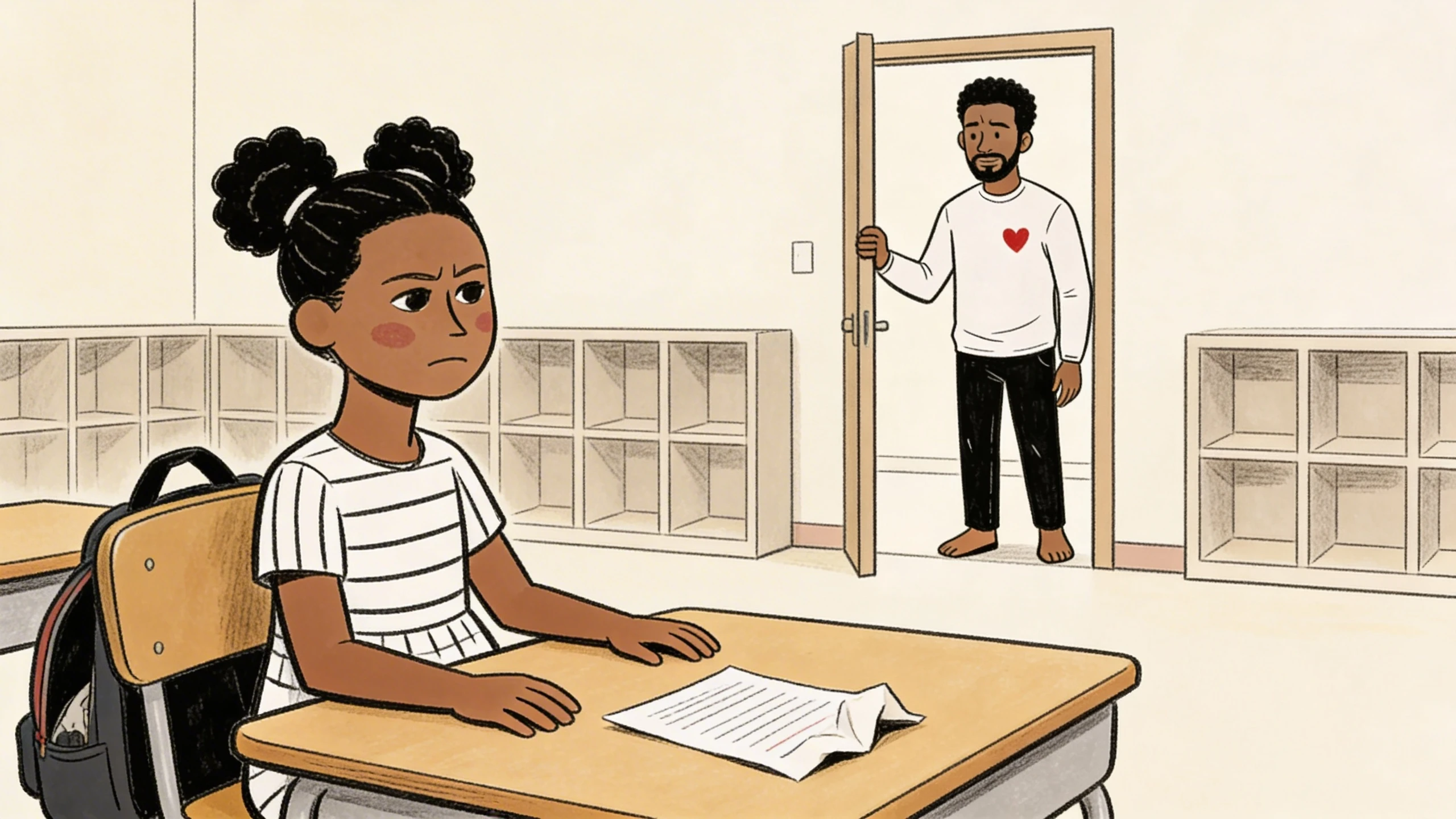 child around 6 sitting stiffly at a school desk as her father stands in the doorway after she shuts down