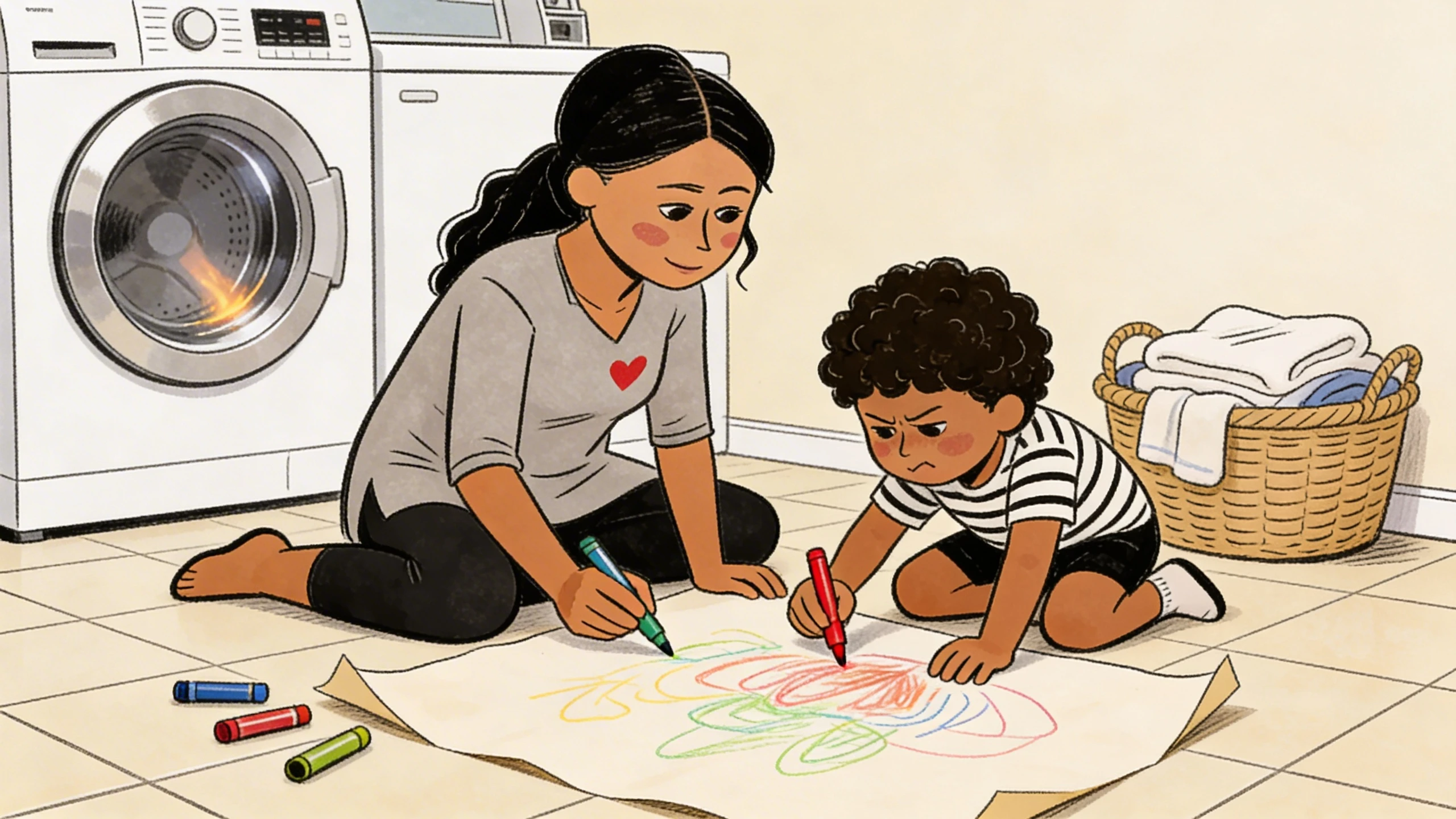 Mother and toddler drawing together with crayons on the laundry room floor, emotionally connecting side by side