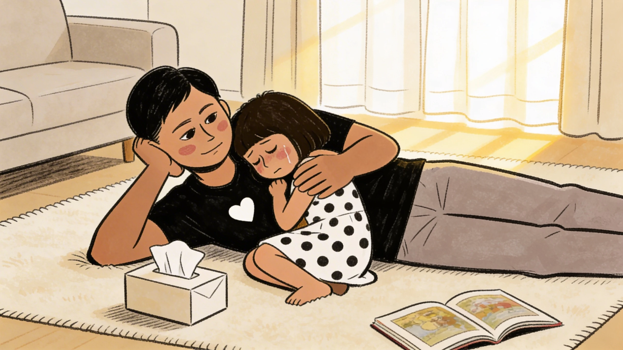 Parent lying on a living room rug holding a small child close near a tissue box, building a sense of safety