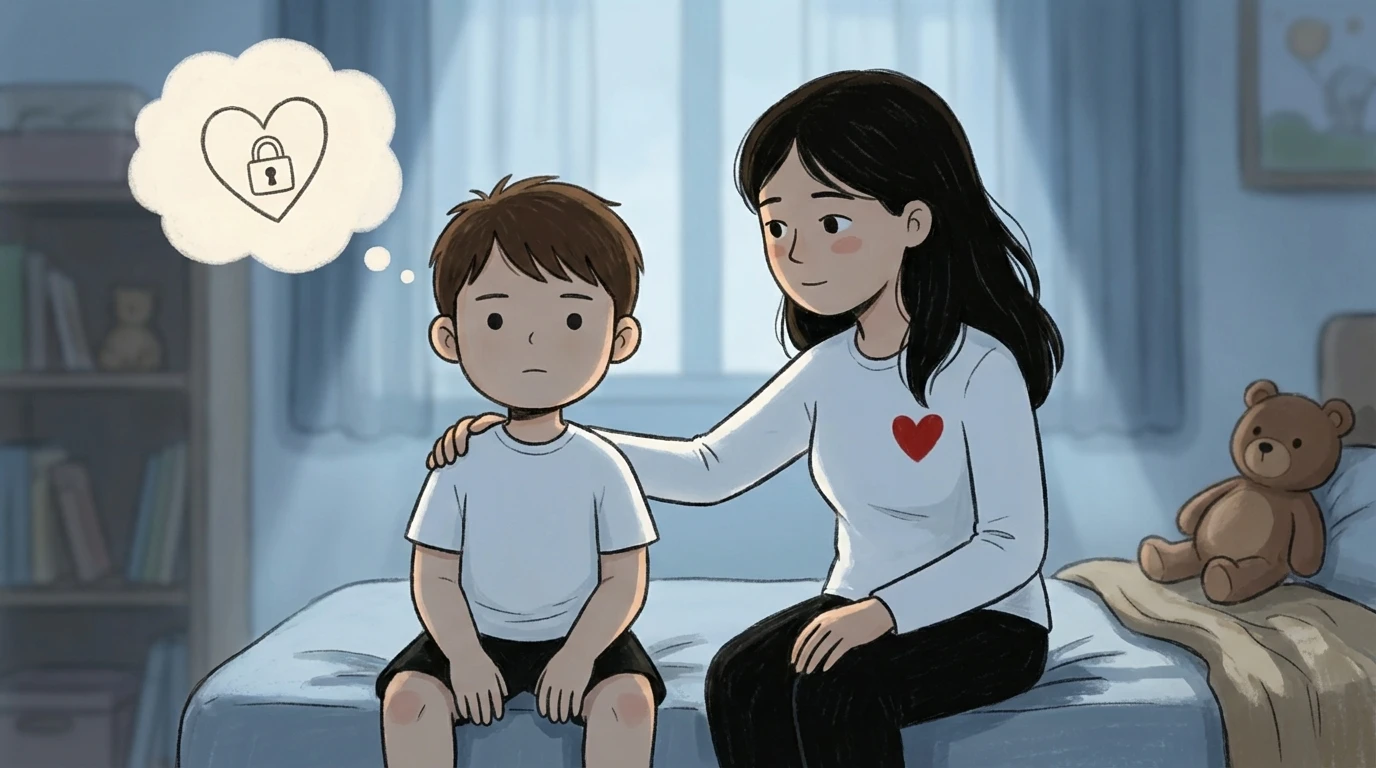 Mother places her hand on the shoulder of a child who sits still and shut down on a bed in a bedroom.