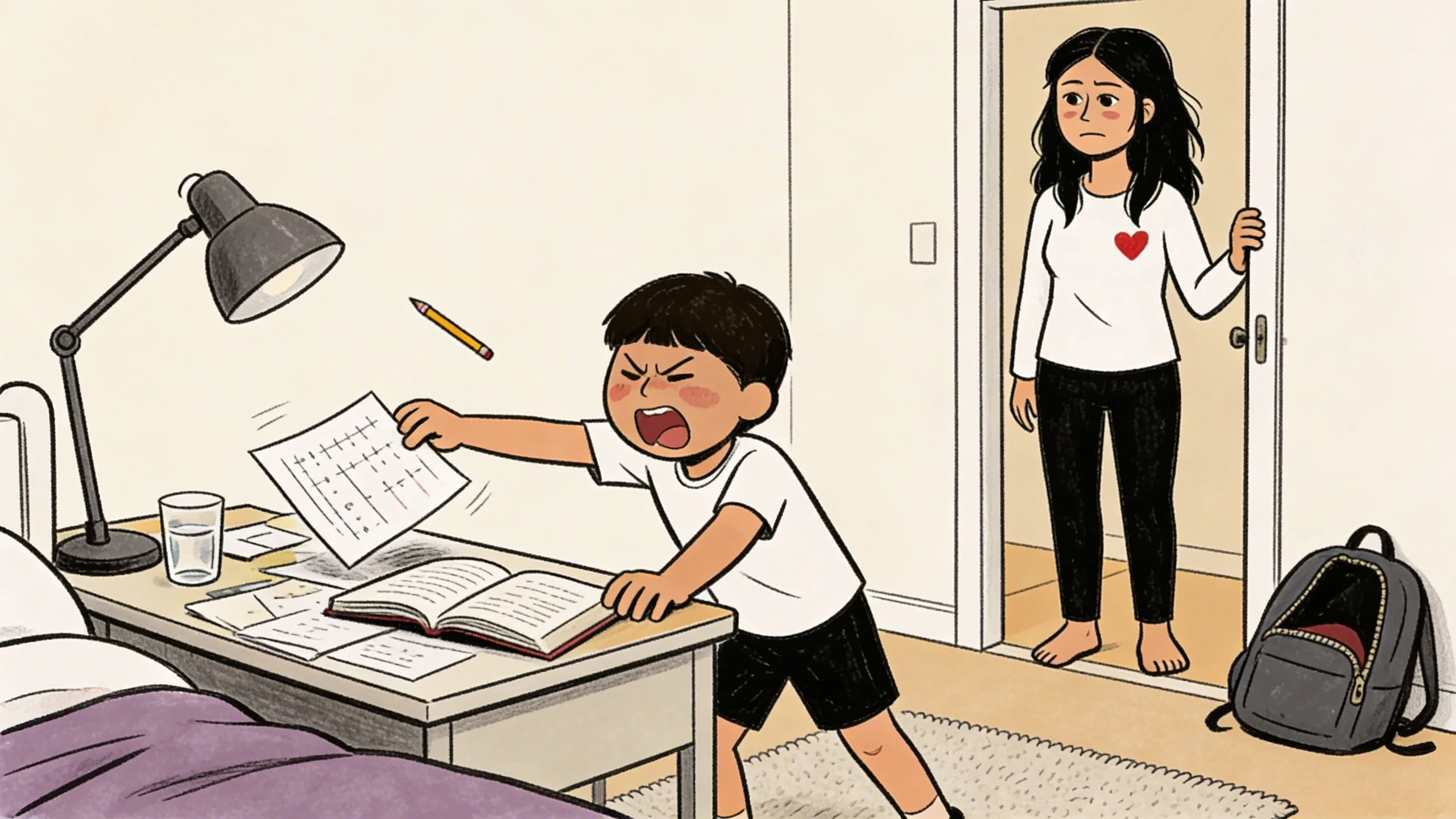 Boy shoving homework papers off a desk while a parent watches from the doorway - a growth mindset struggle