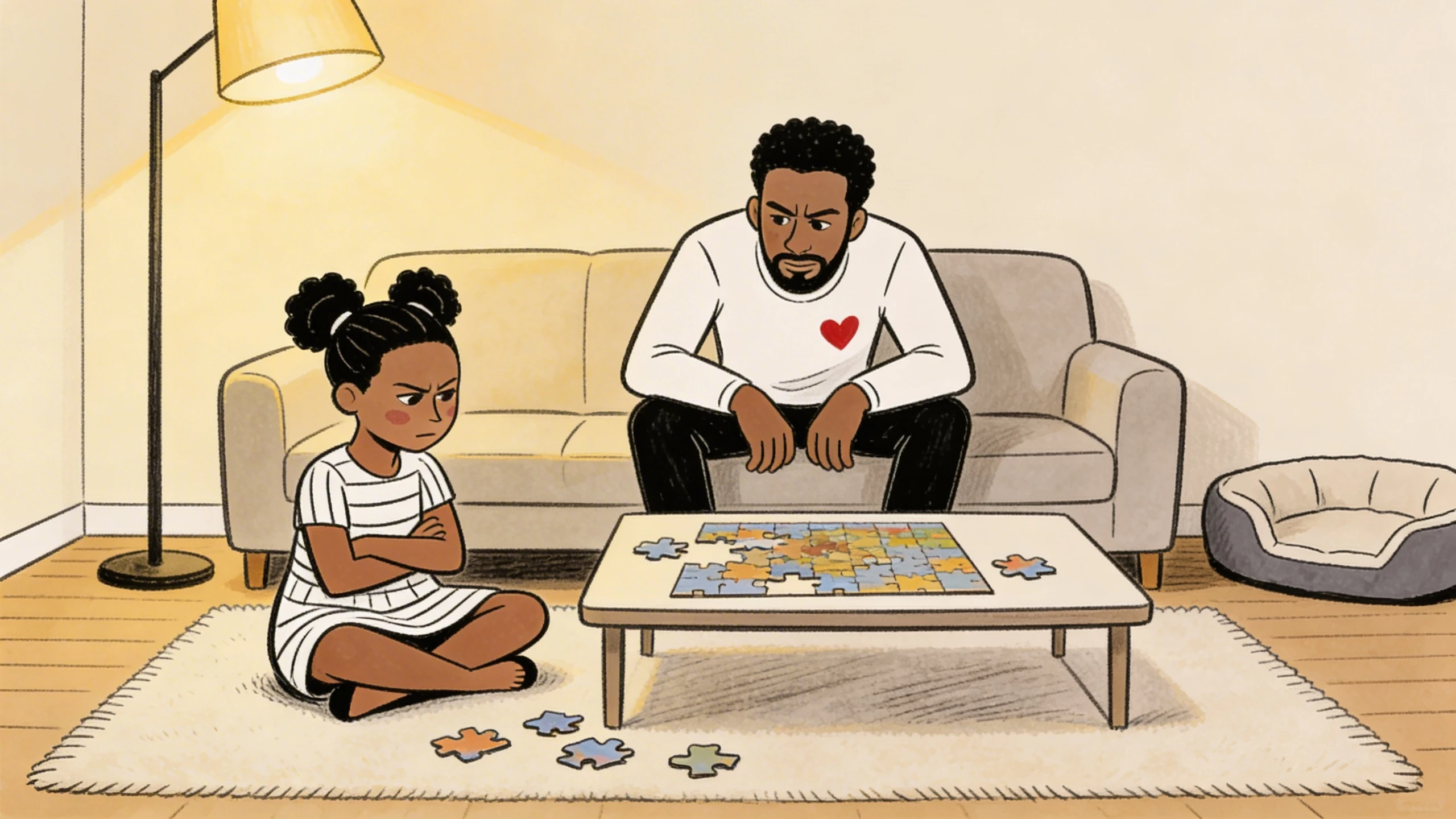 A child sitting cross-armed across from a parent at a puzzle-covered table resisting persistence in a difficult task