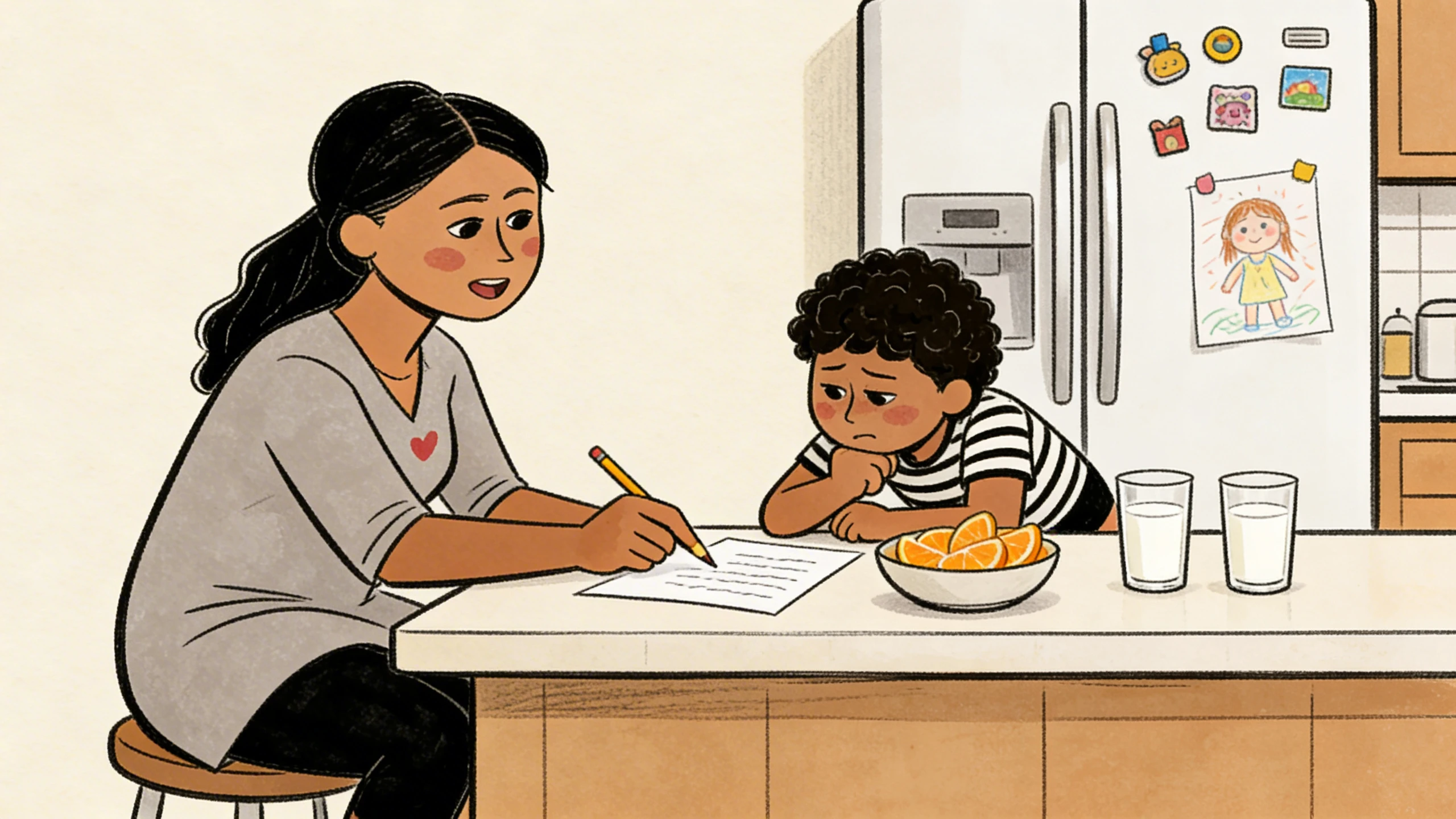 Parent teaching a child at a kitchen counter writing together on paper while the child leans in with furrowed brow