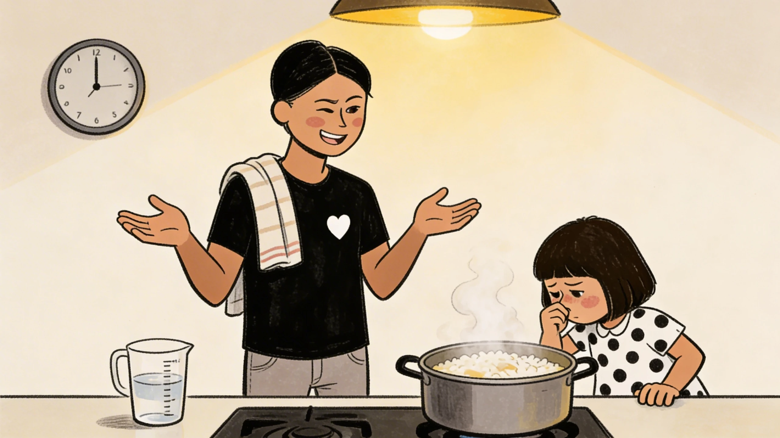 A parent gesturing openly at the stove while a child peers at a steaming pot modeling calm through a cooking setback