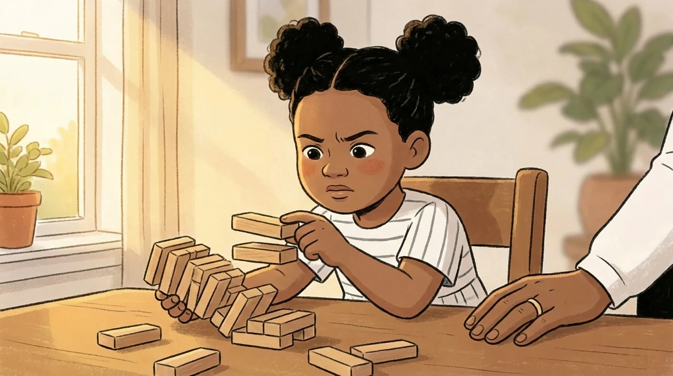 Child showing persistence while rebuilding a fallen block tower at a table as a parent sits nearby.