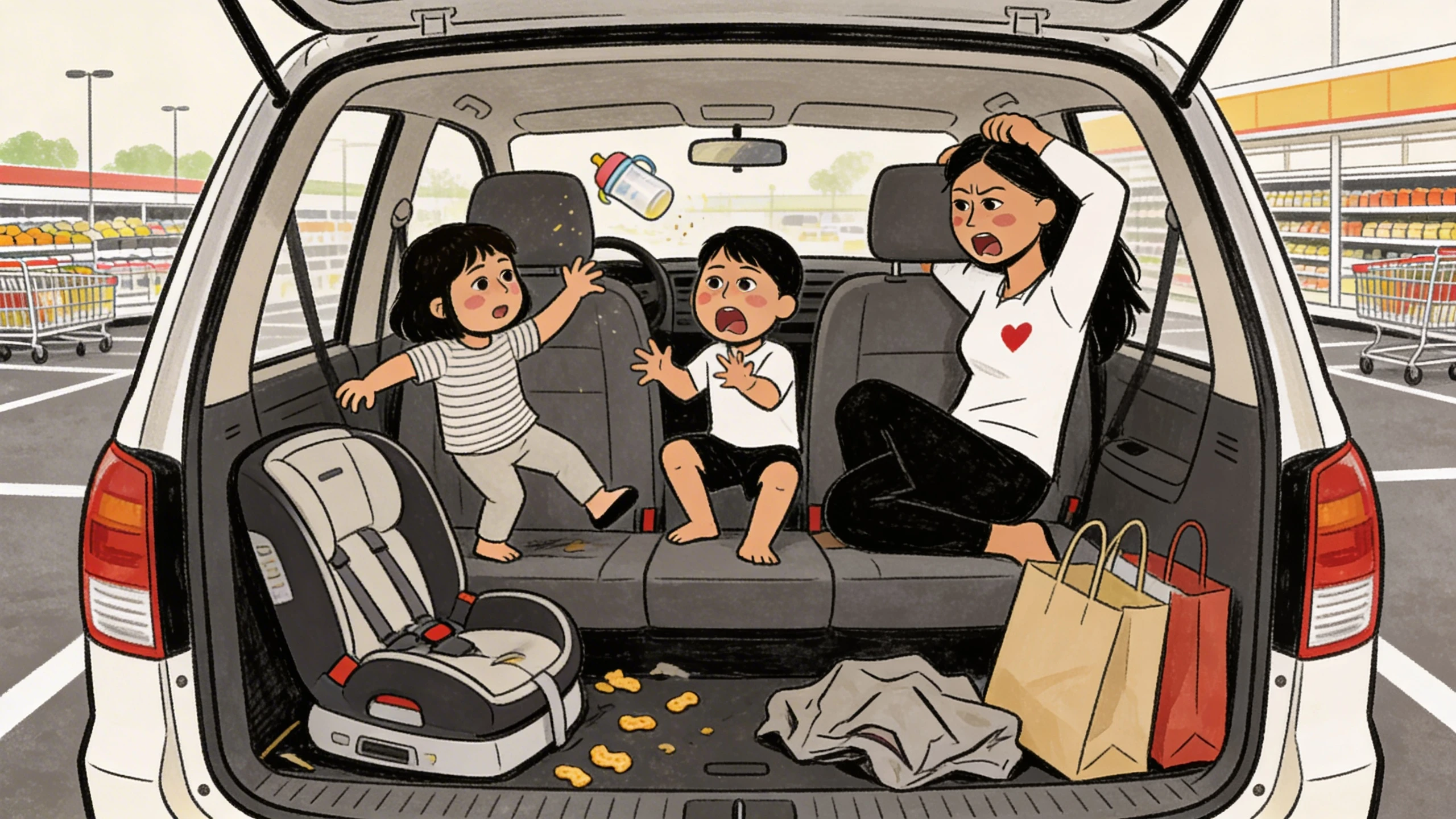 Mother overwhelmed in a parking lot managing two children with big emotions a bottle flying through the air