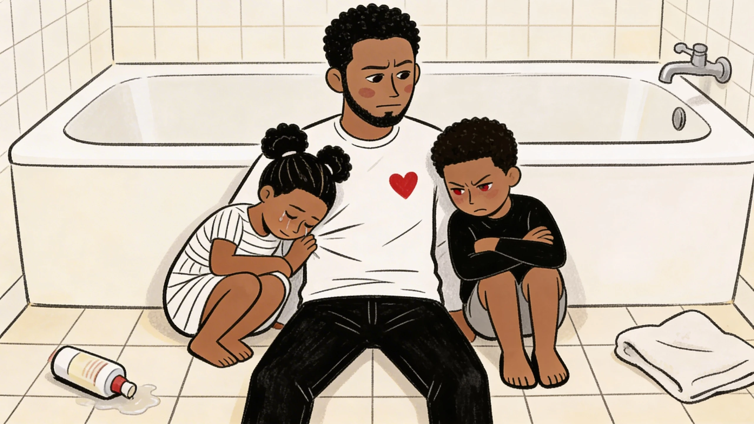 Father on bathroom floor between two children showing different emotions - one leaning on him one arms crossed
