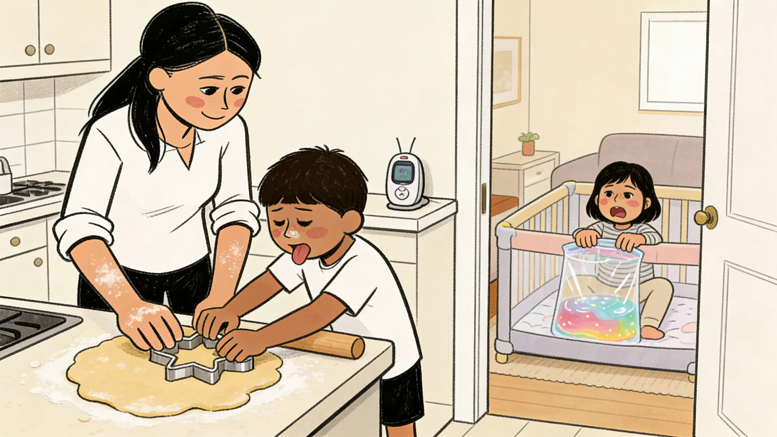 Mother helping a young boy cut cookie dough at the counter while a toddler calls out from a play yard nearby