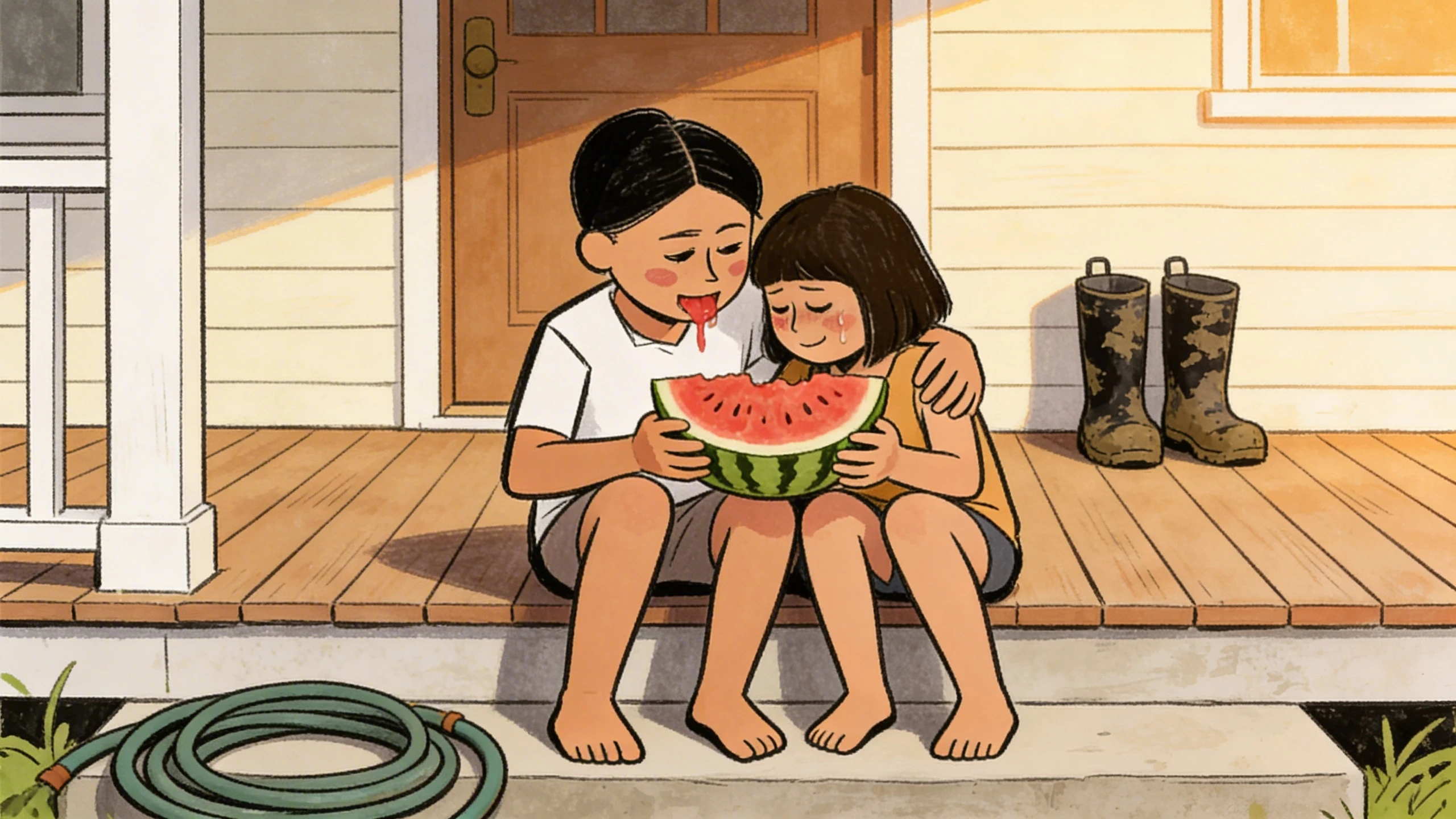 Two siblings on porch steps sharing a watermelon slice one with an arm around the other in a quiet moment