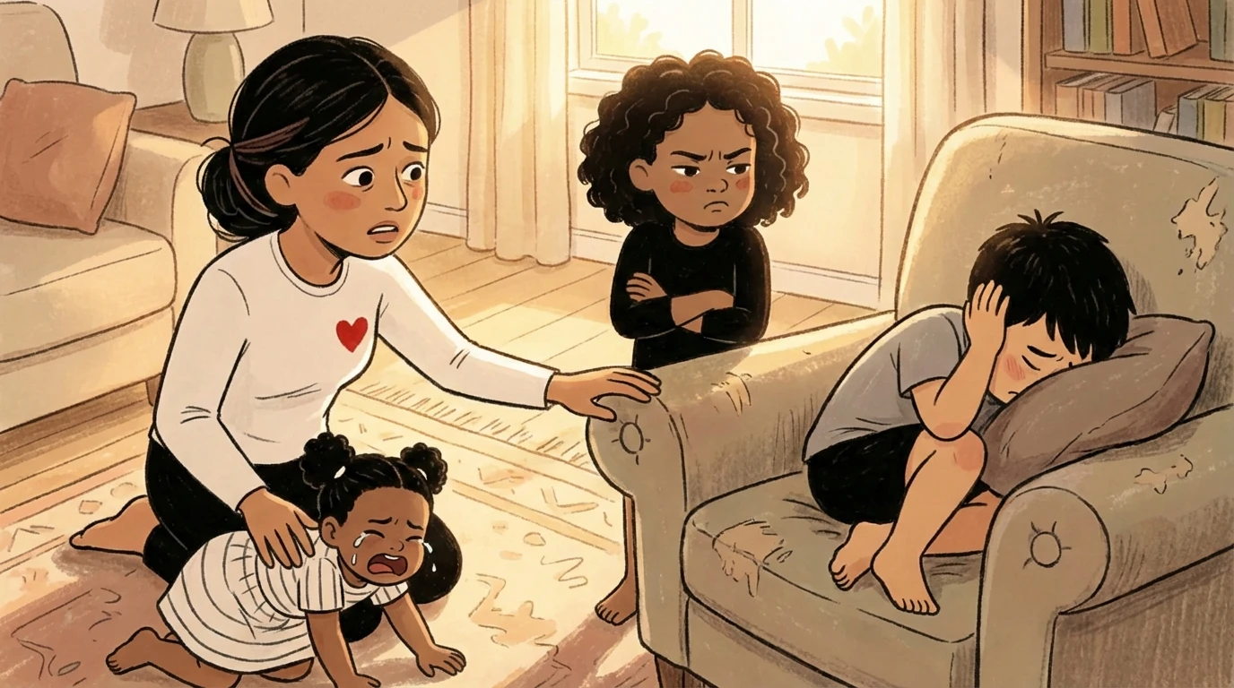 Parent kneeling to comfort multiple kids with big feelings in a living room as one child sits with crossed arms.