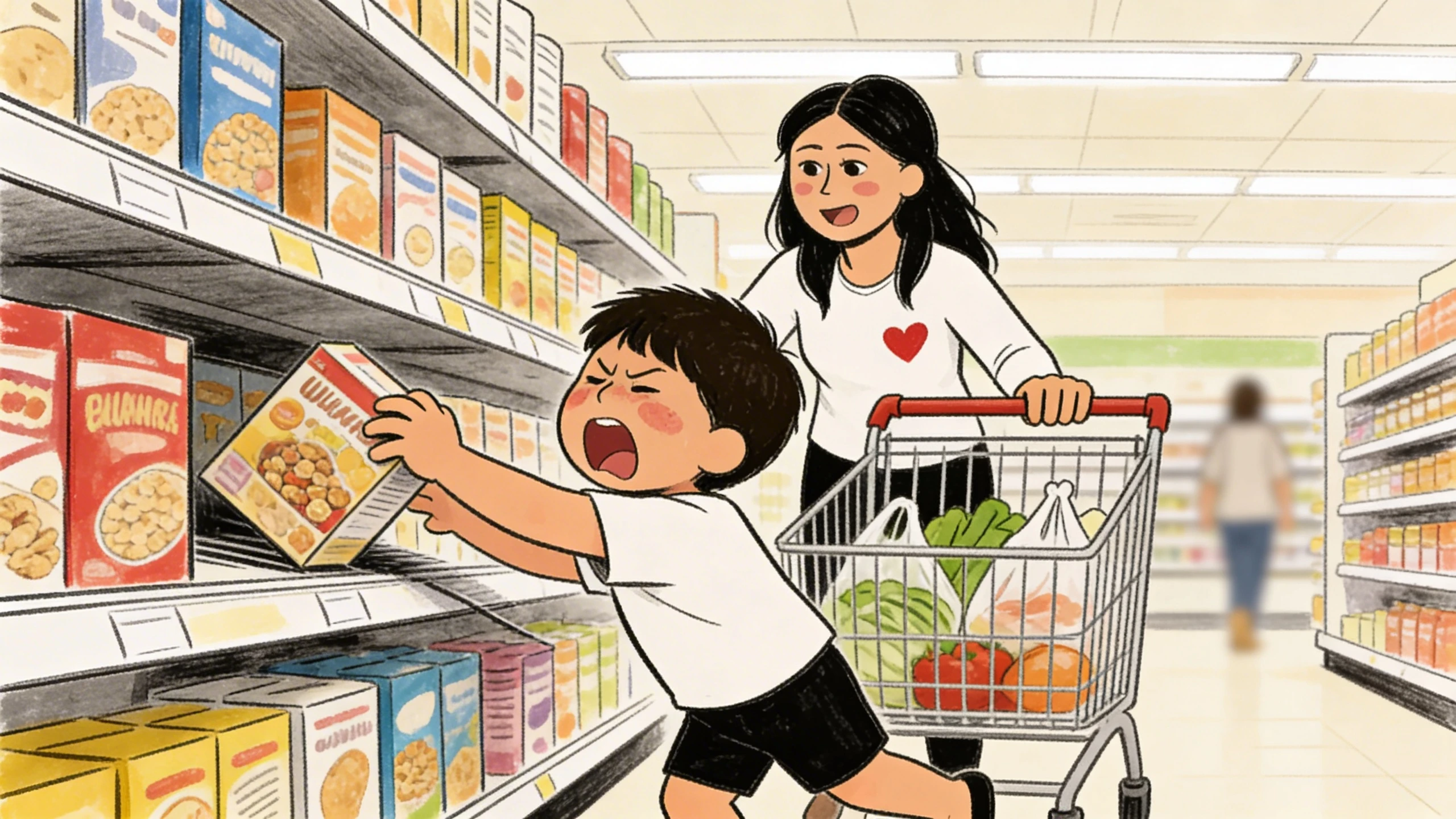 Toddler grabbing a cereal box off a grocery store shelf while his mother stands behind a shopping cart in the aisle