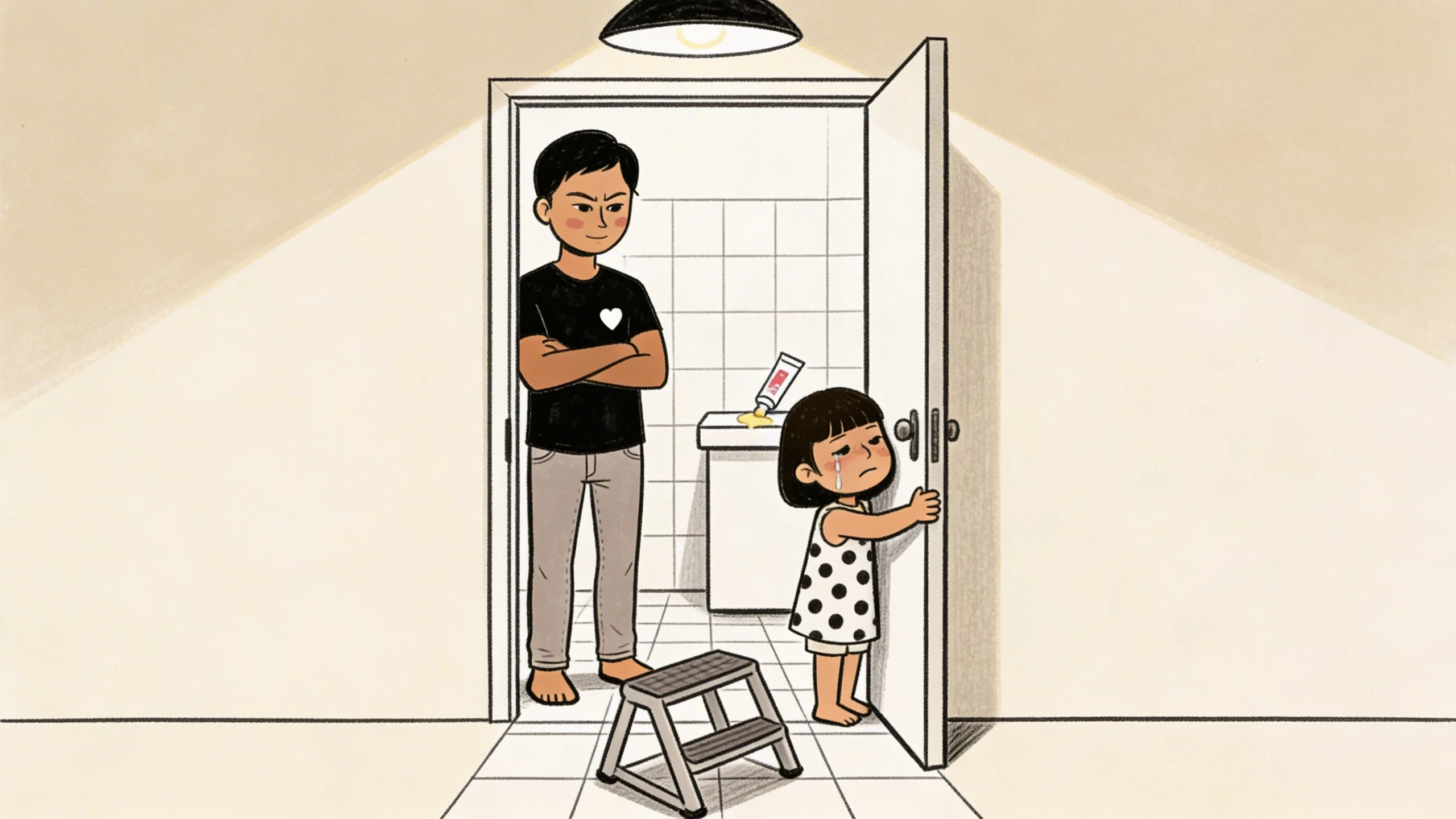 Father with arms crossed standing in a bathroom doorway while his young daughter hides behind the open door