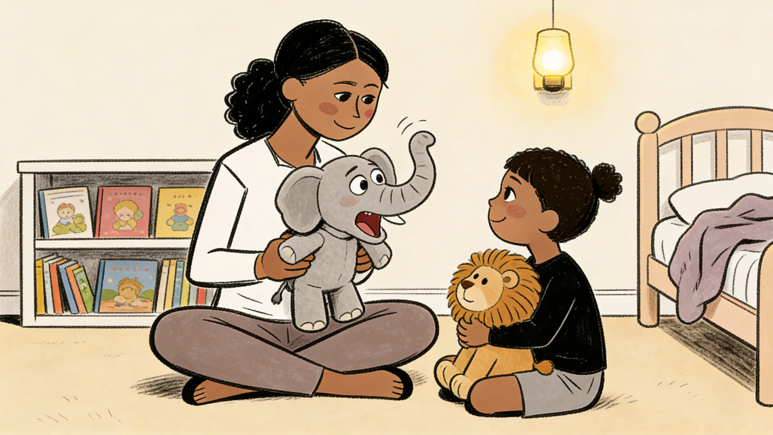 Mother and preschooler sitting cross-legged on a bedroom floor, naming feelings with stuffed elephant and lion toys