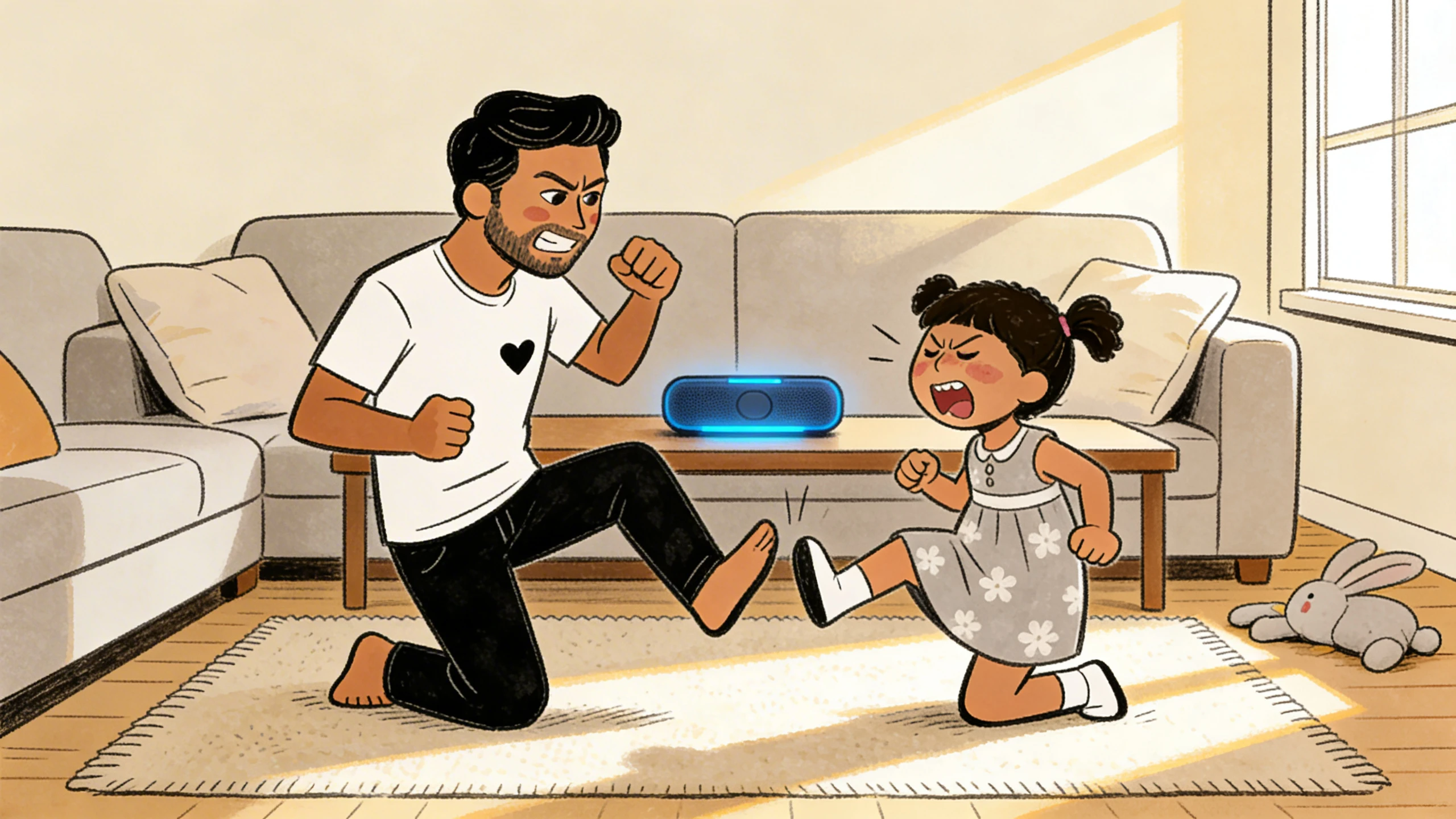 Father kneeling on a living room rug beside his toddler daughter, a stuffed bunny and sofa behind them