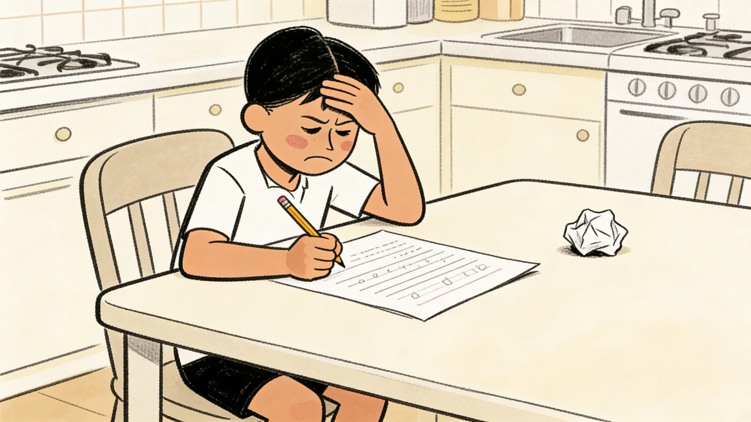 Child at kitchen table holding a pencil