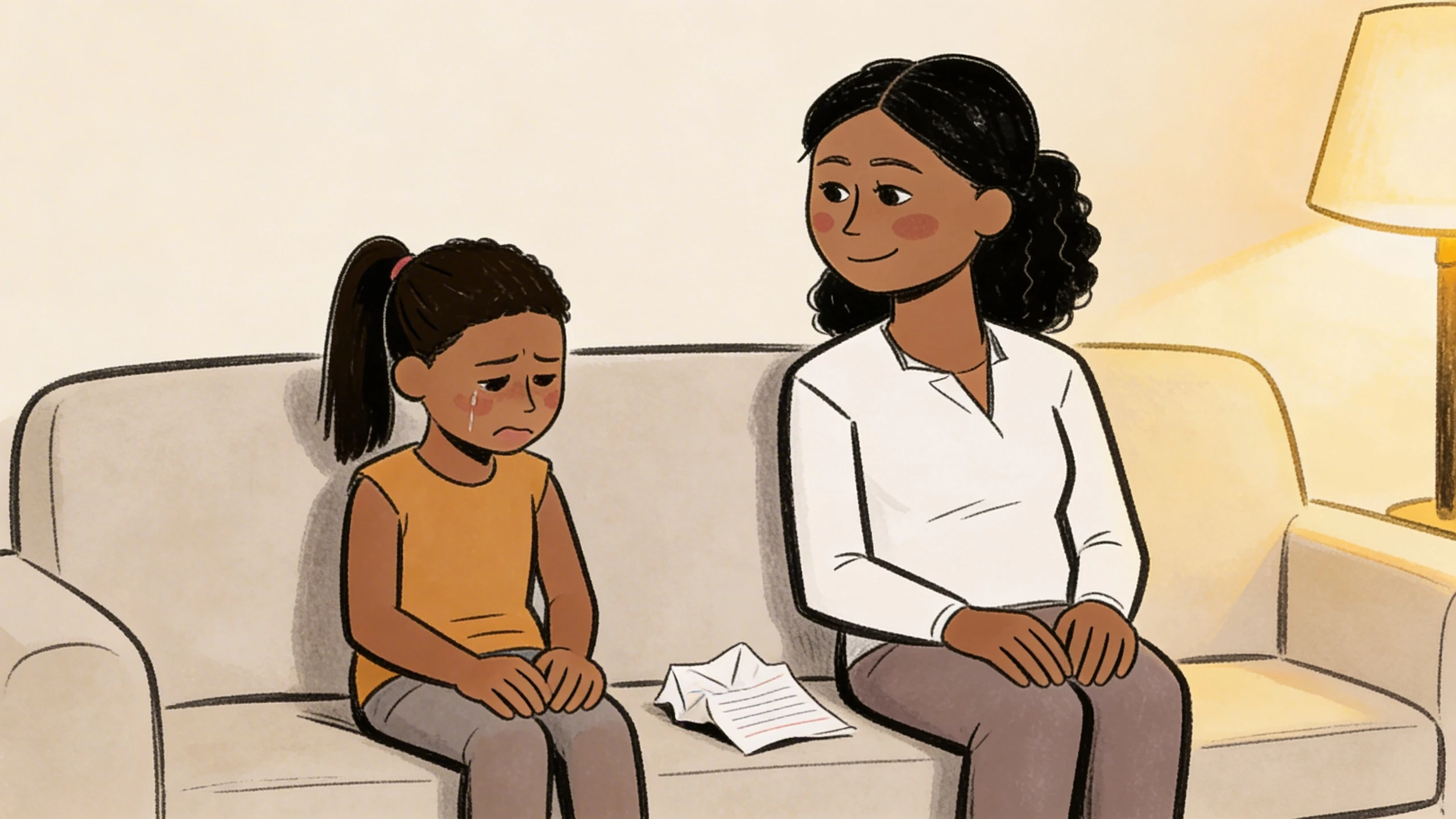Mother sitting beside a young child on a sofa, a crumpled note between them, gently responding to self-talk.