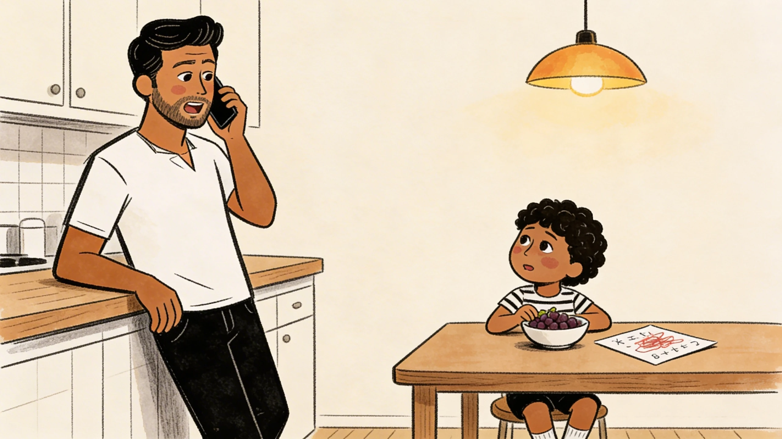 Father on phone in kitchen while child at table puts down a marked-up drawing