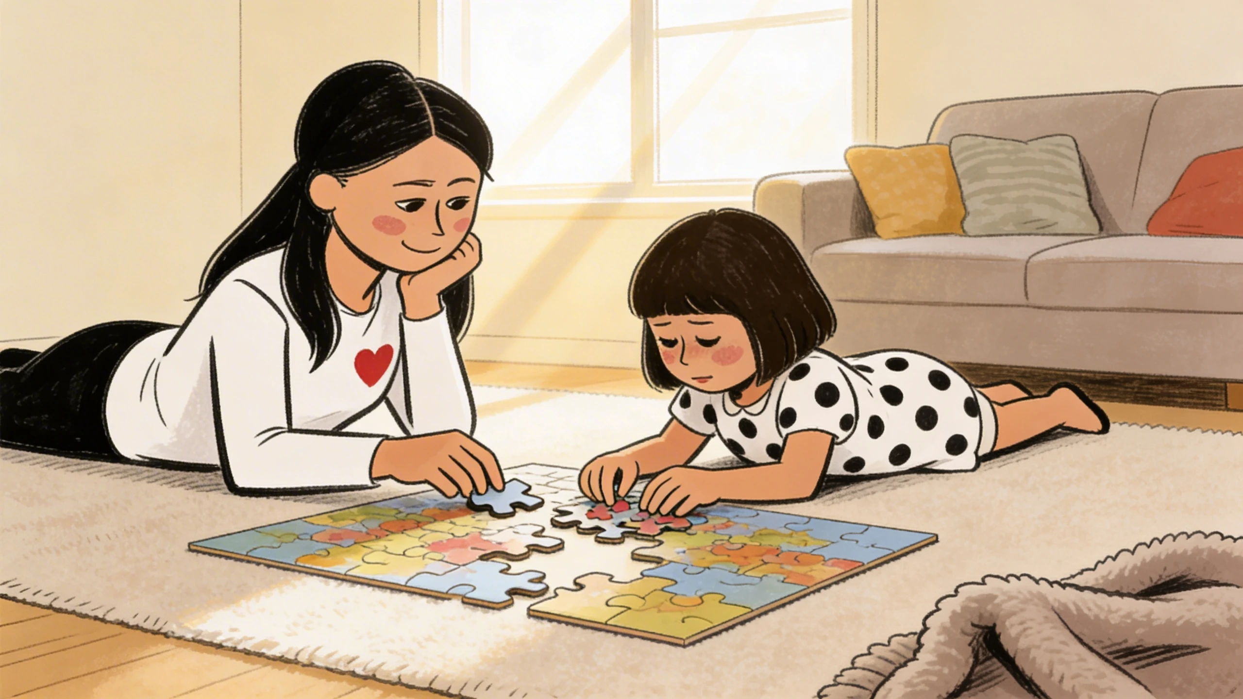 Woman lying on floor doing a puzzle with a child