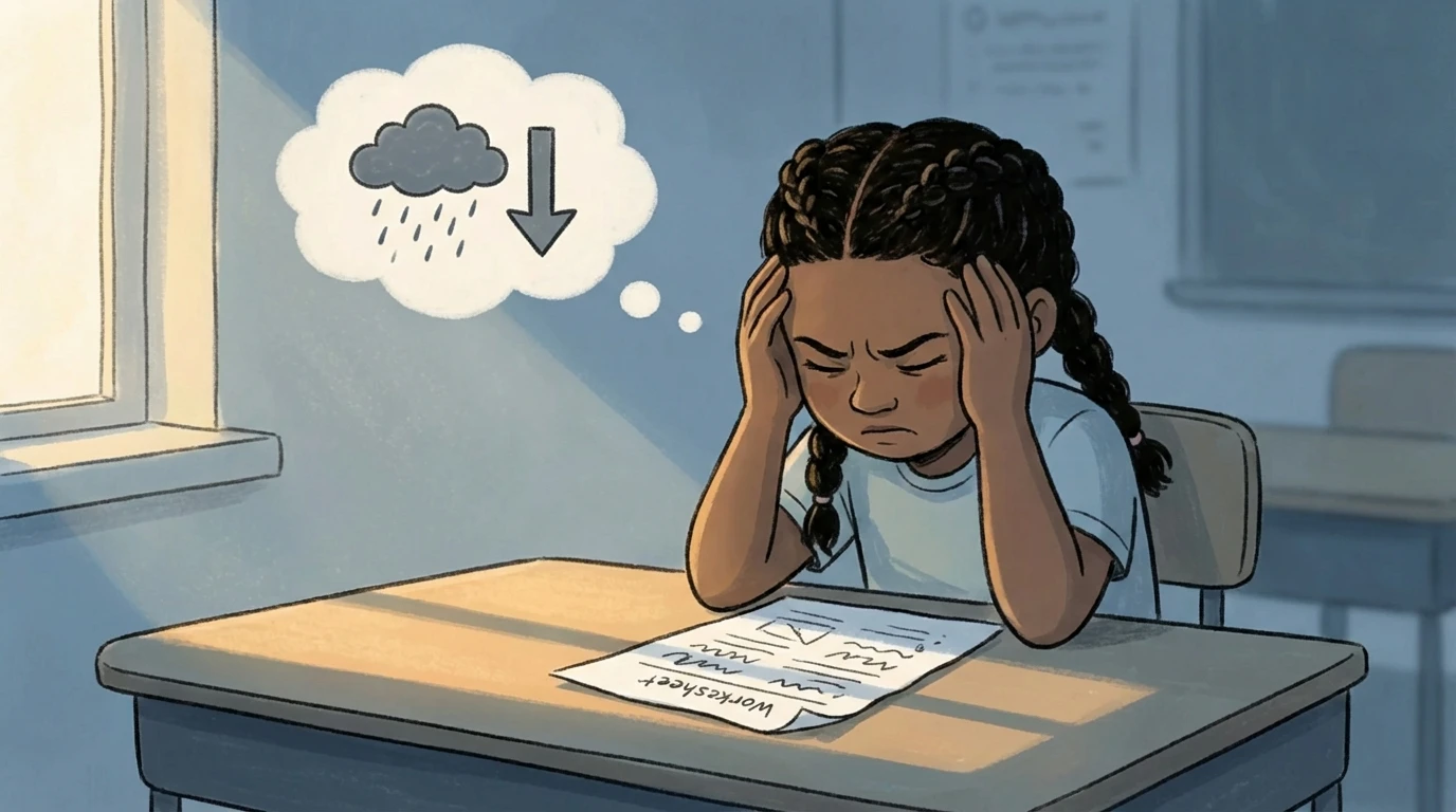 Child holding her head over a worksheet at a desk with a negative self-talk thought bubble above her.