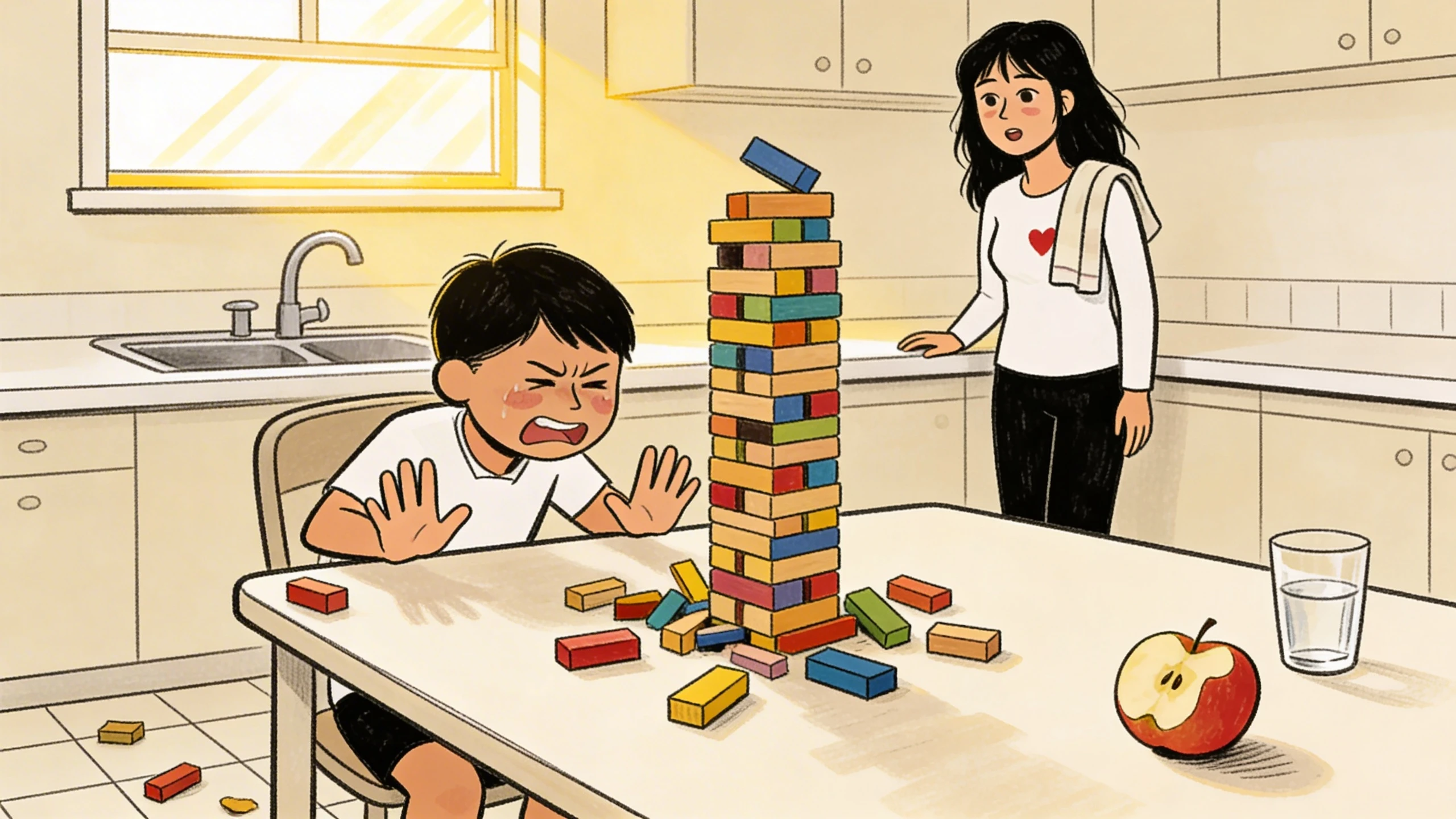 Boy recoiling as his block tower topples - a minor setback met with a big reaction