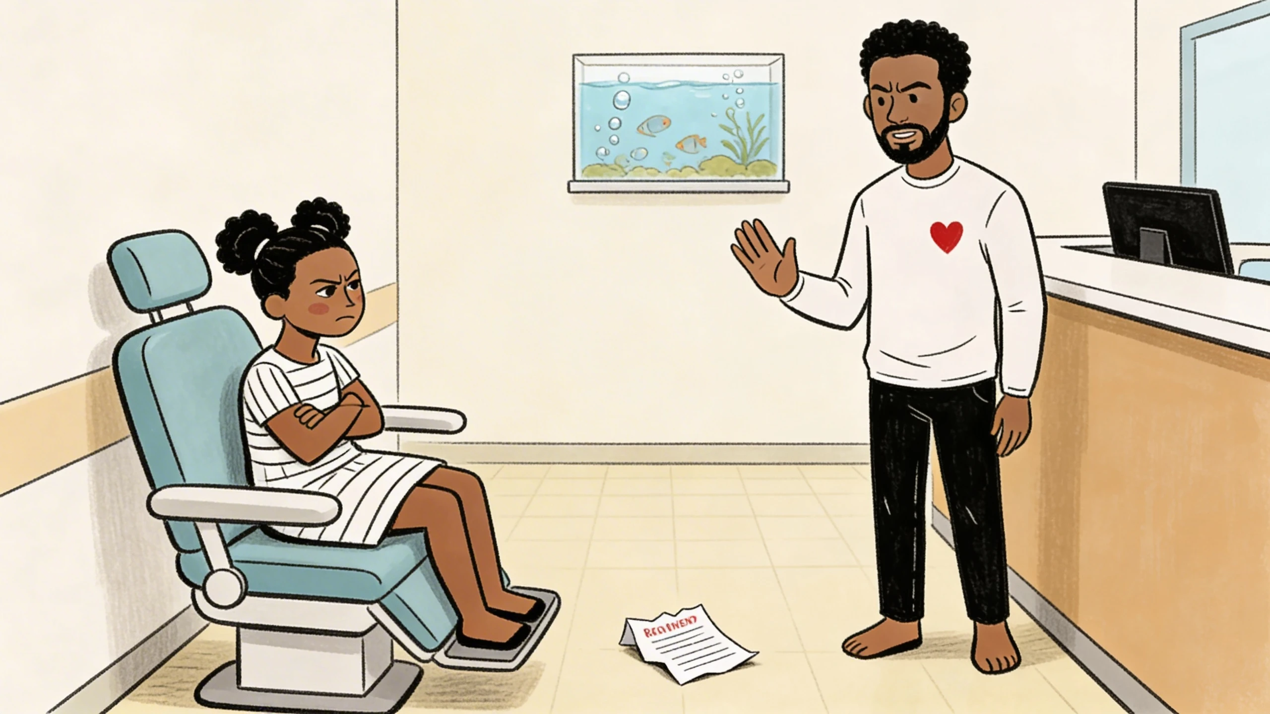 Child sits arms crossed as a parent calmly addresses minor disappointments, paper dropped on floor