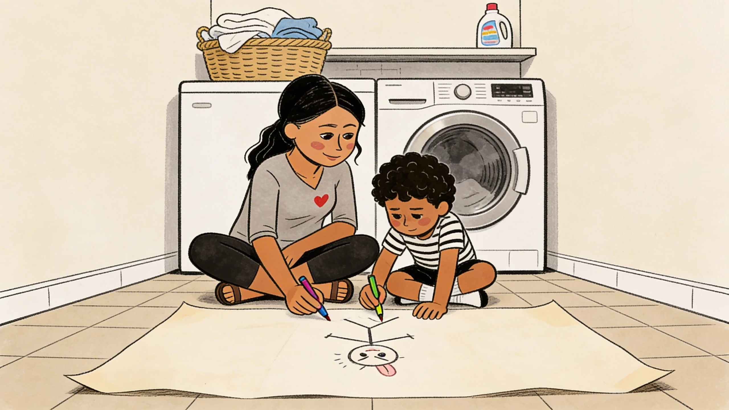 A parent and young child sit on a laundry room floor drawing together with crayons on large paper