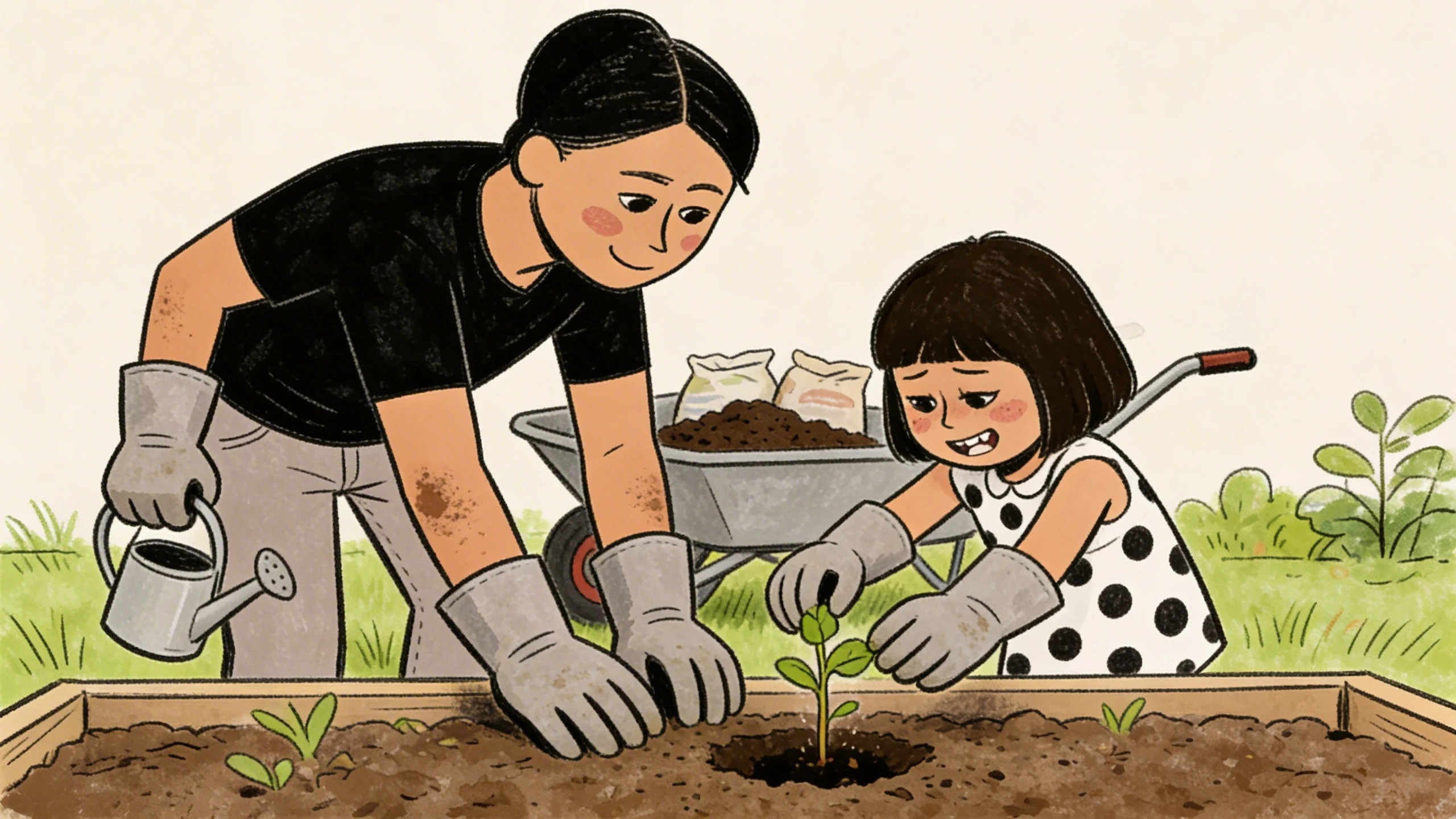 Parent and child in gardening gloves planting a seedling together in a raised garden bed