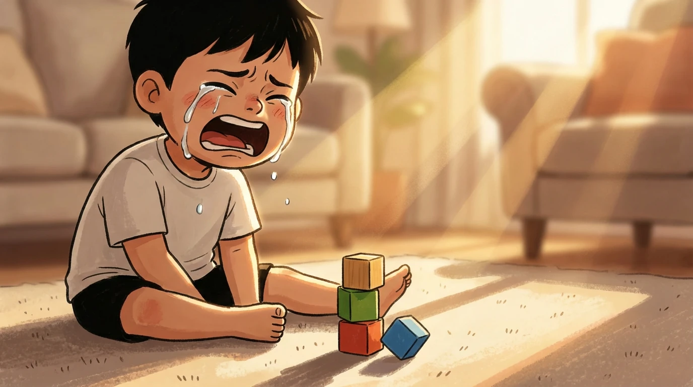 Child over-reacting to a minor setback as a block tower topples on the living room floor.