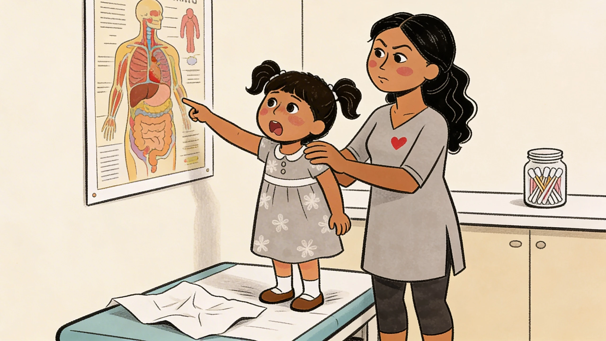 Toddler standing on exam table pointing at anatomical poster while parent supports her in a doctor office