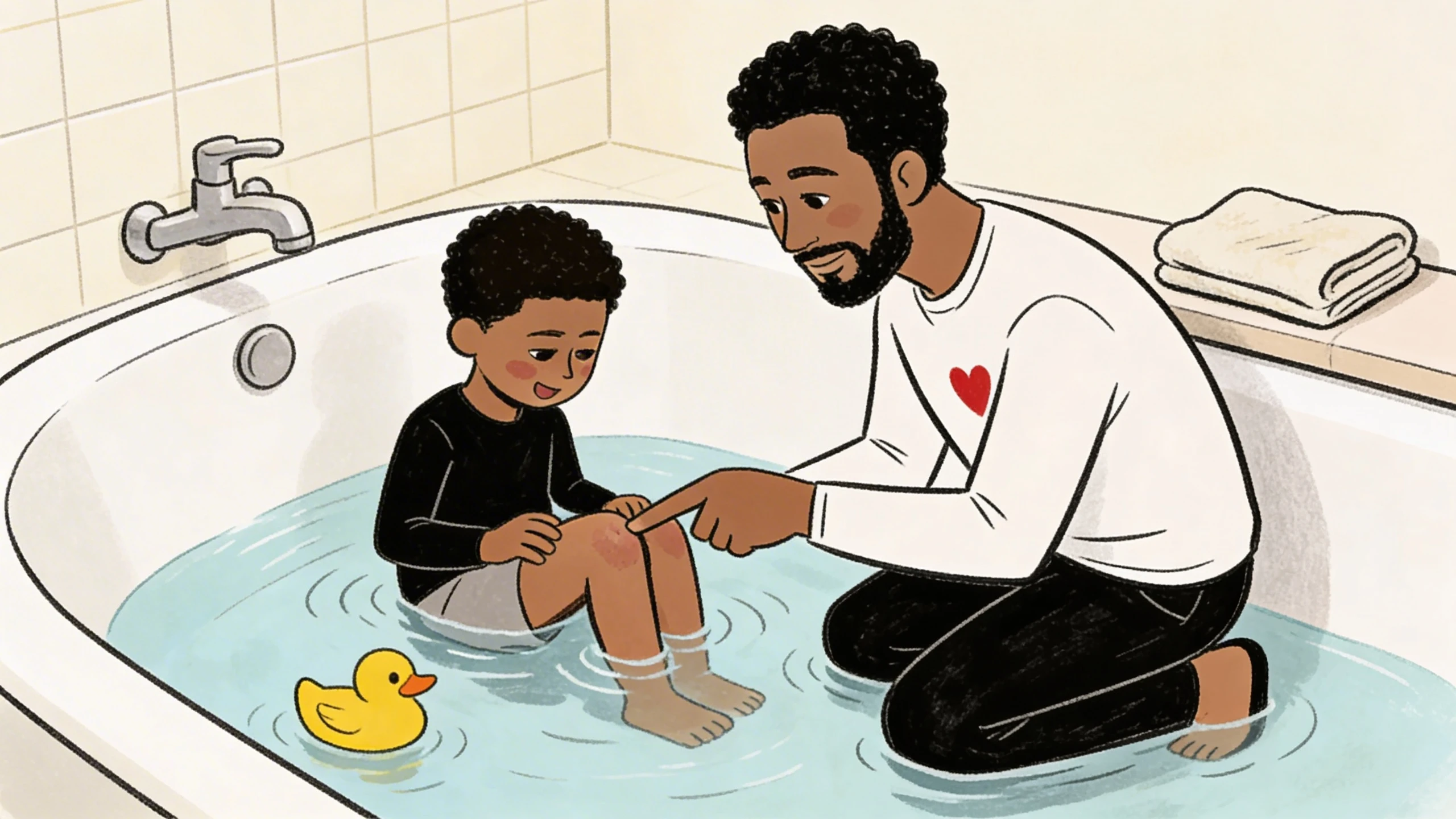 Father kneeling beside bathtub talking to toddler son sitting in the water with a rubber duck