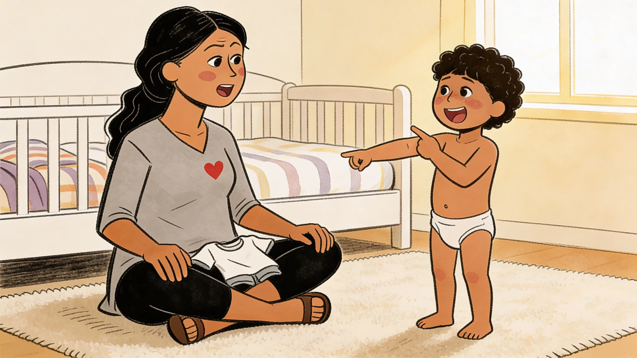 Toddler in diaper pointing and naming body parts while mother sits cross-legged on bedroom rug