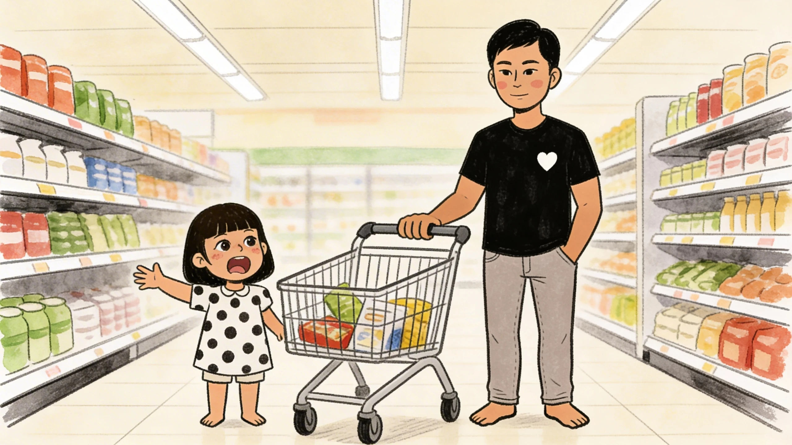 Father pushing grocery cart in supermarket aisle while young daughter gestures and talks beside him