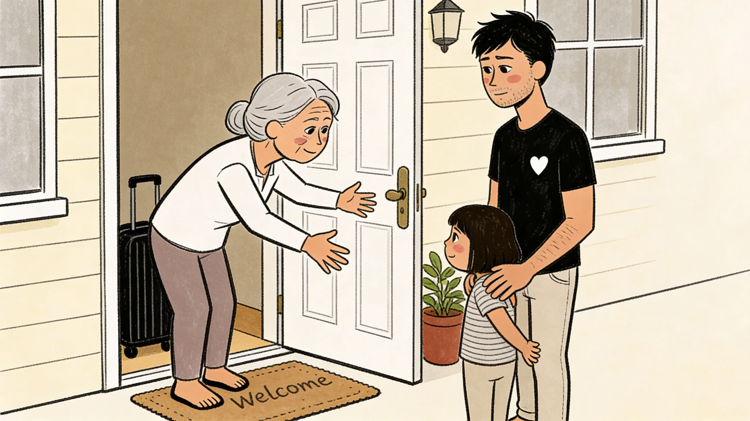 Grandmother reaches out for hugs at doorstep while parent shields young child, modeling that force isn't welcome