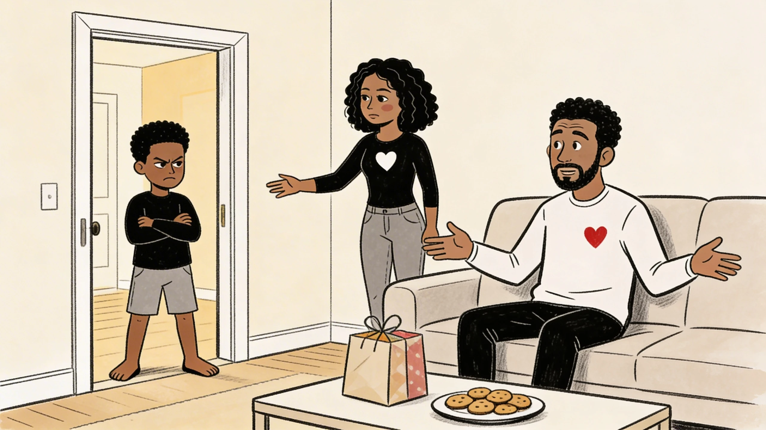 Parents teaching a child about autonomy after he stands apart with arms crossed in the living room