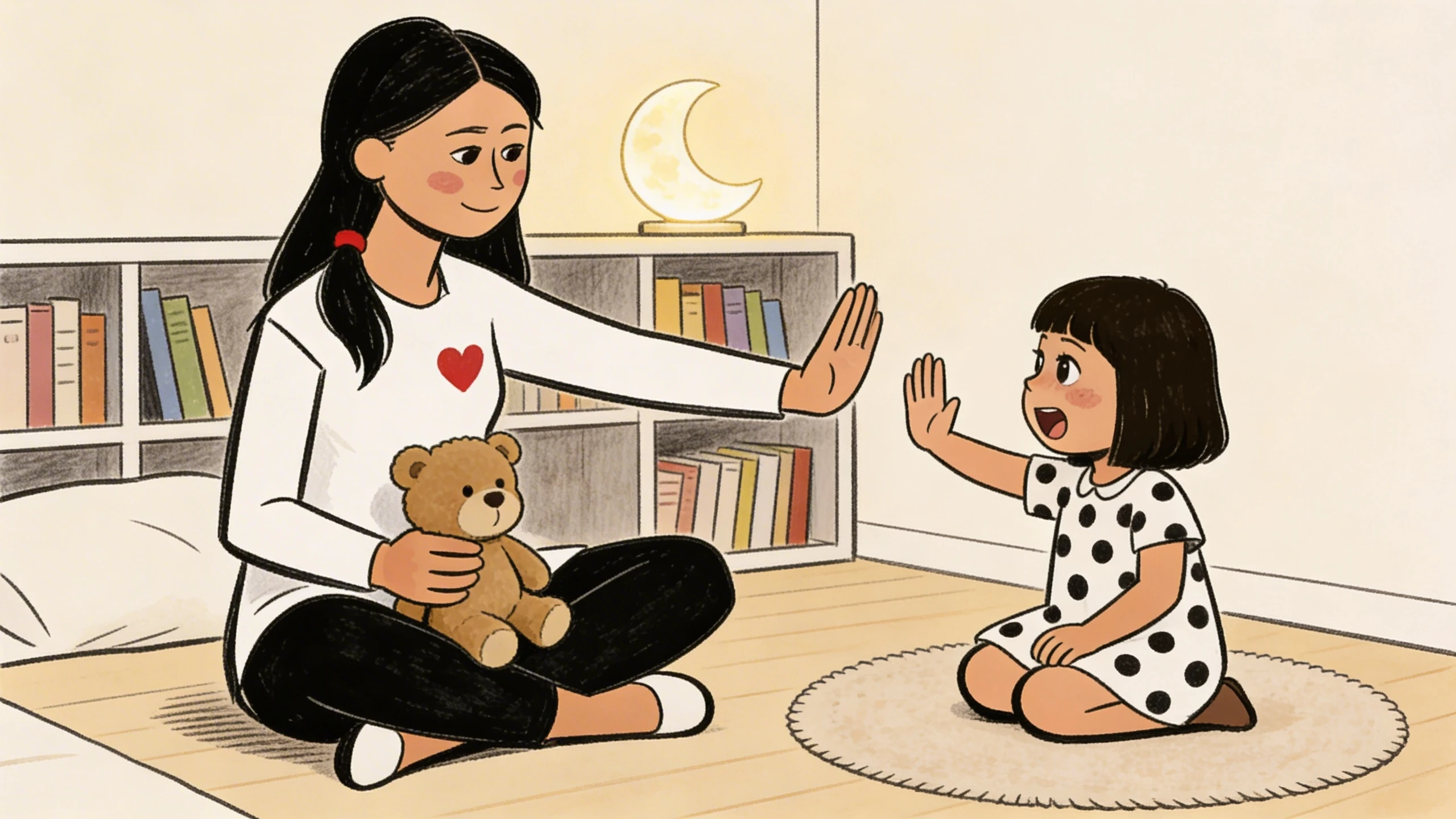 Mother and toddler practicing physical consent with a high-five, seated on the floor near a bookshelf