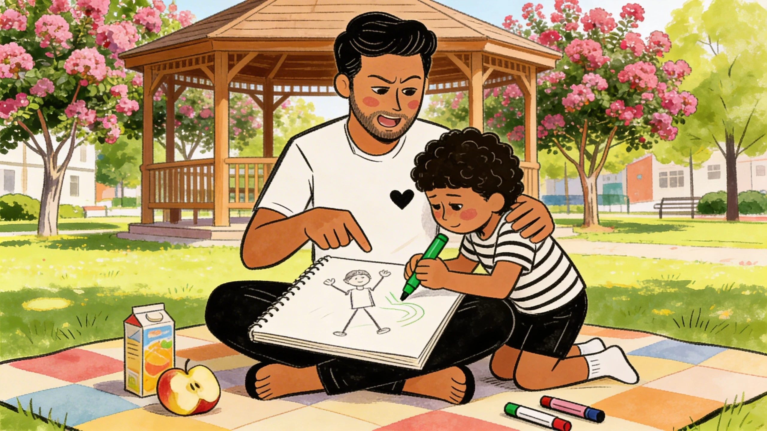 Father and child sit on a picnic blanket in a park, autonomy lesson drawn in a sketchbook together