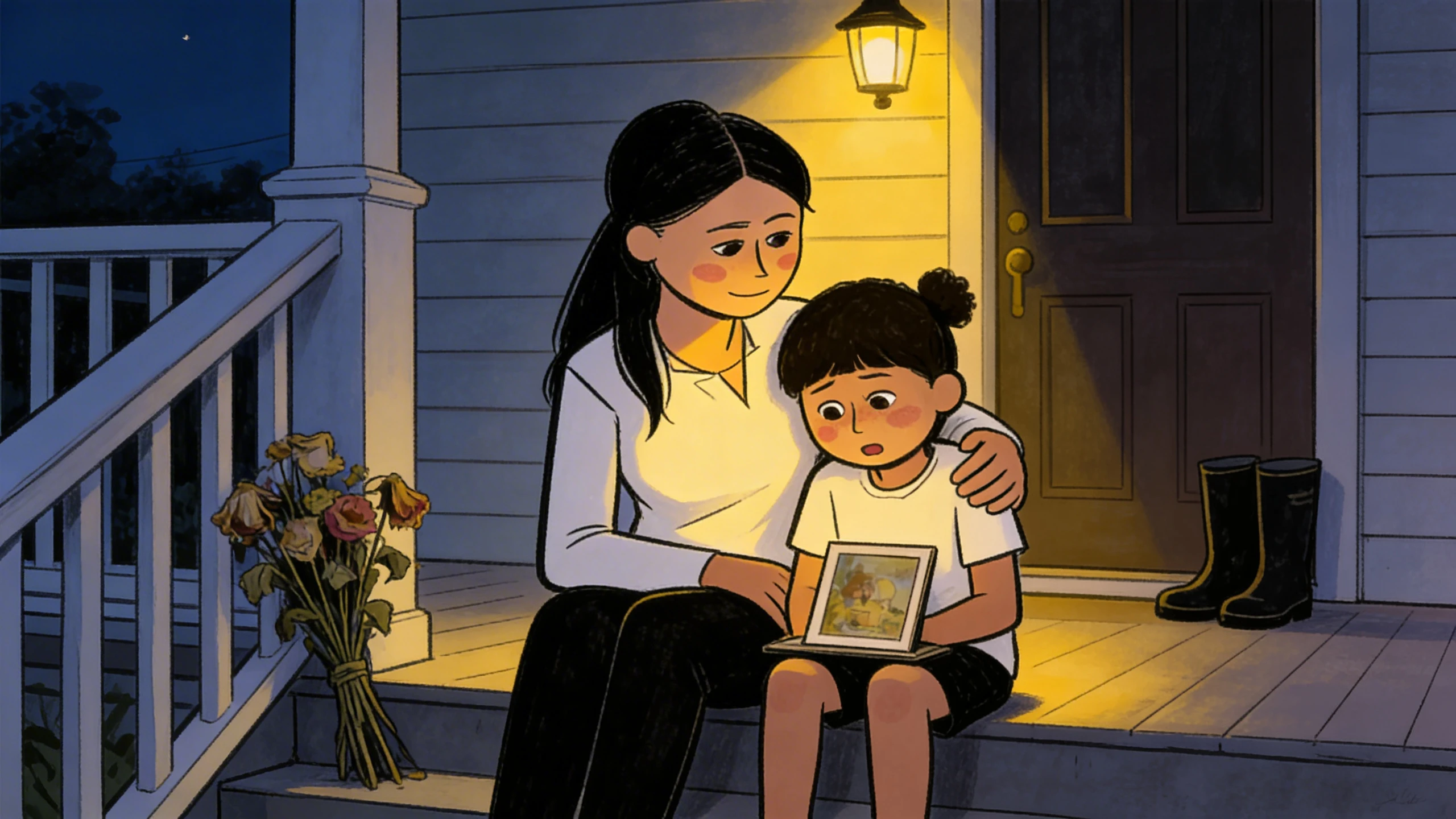 Mother holding 4-year-old daughter on porch steps at night, both looking at a framed photo beside flowers