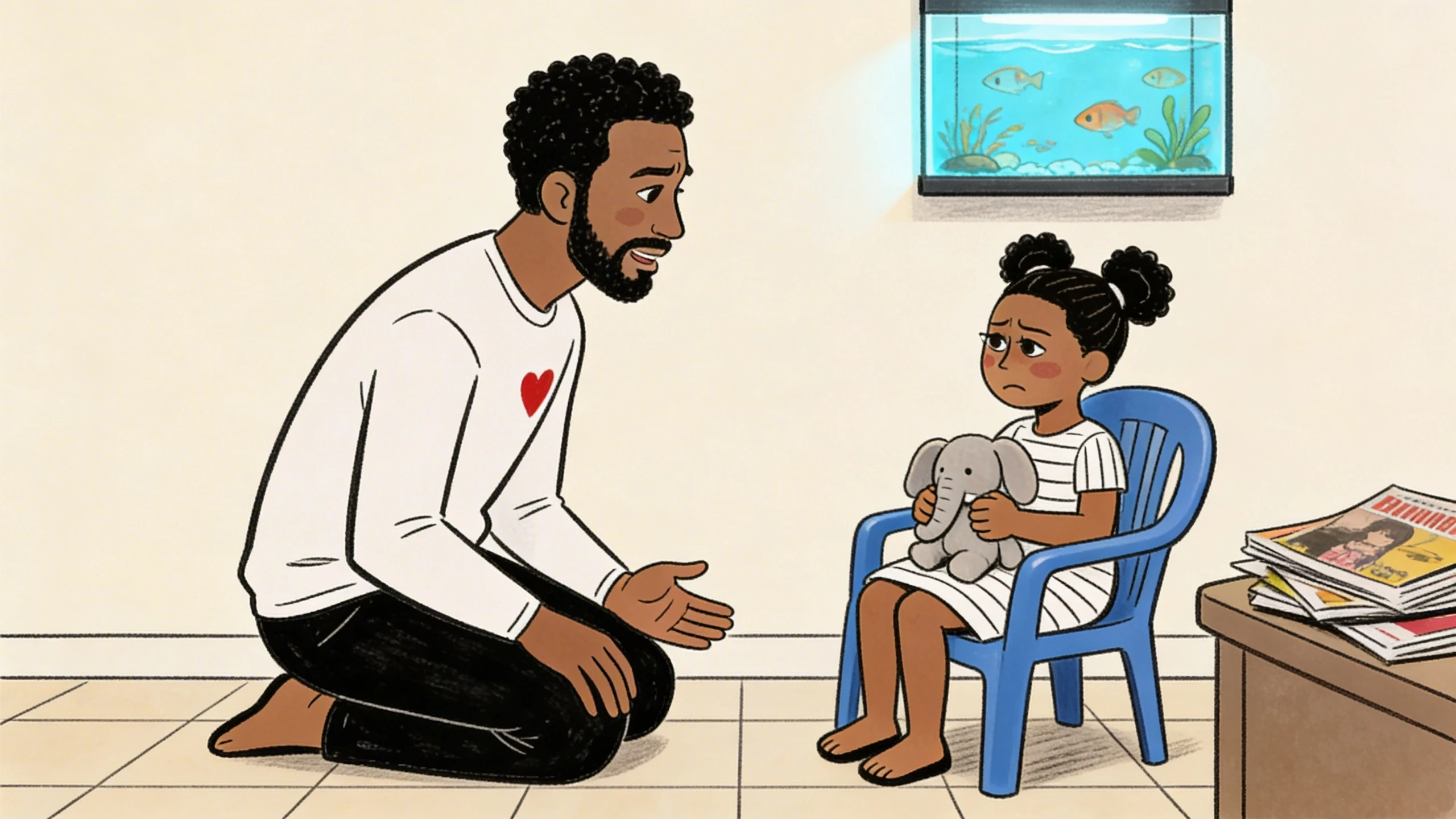 Father kneeling on floor explaining death to 3-year-old child holding stuffed elephant on a chair near fish tank