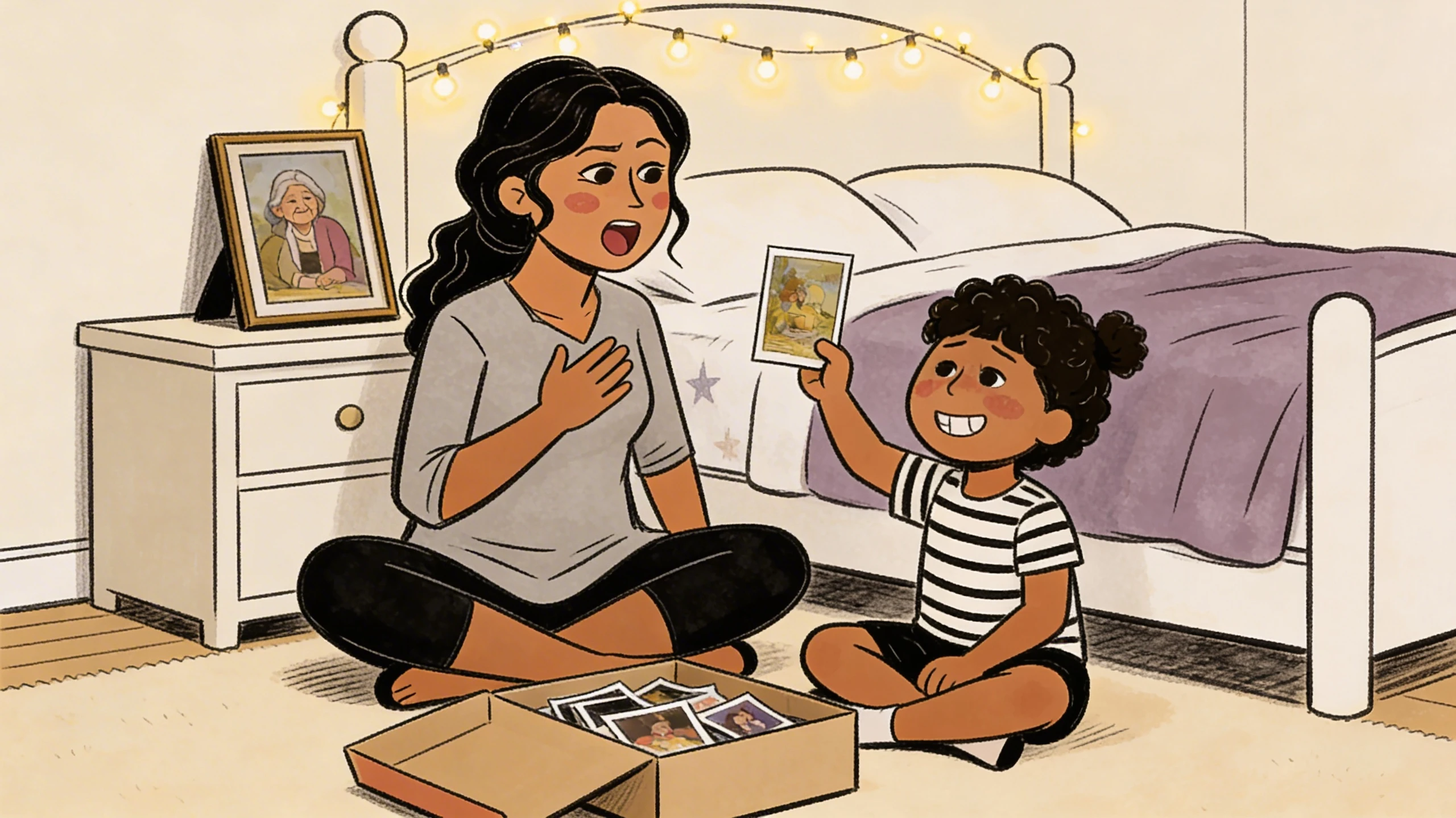 Mother and 4-year-old son sitting on bedroom floor looking through a box of old family photos together