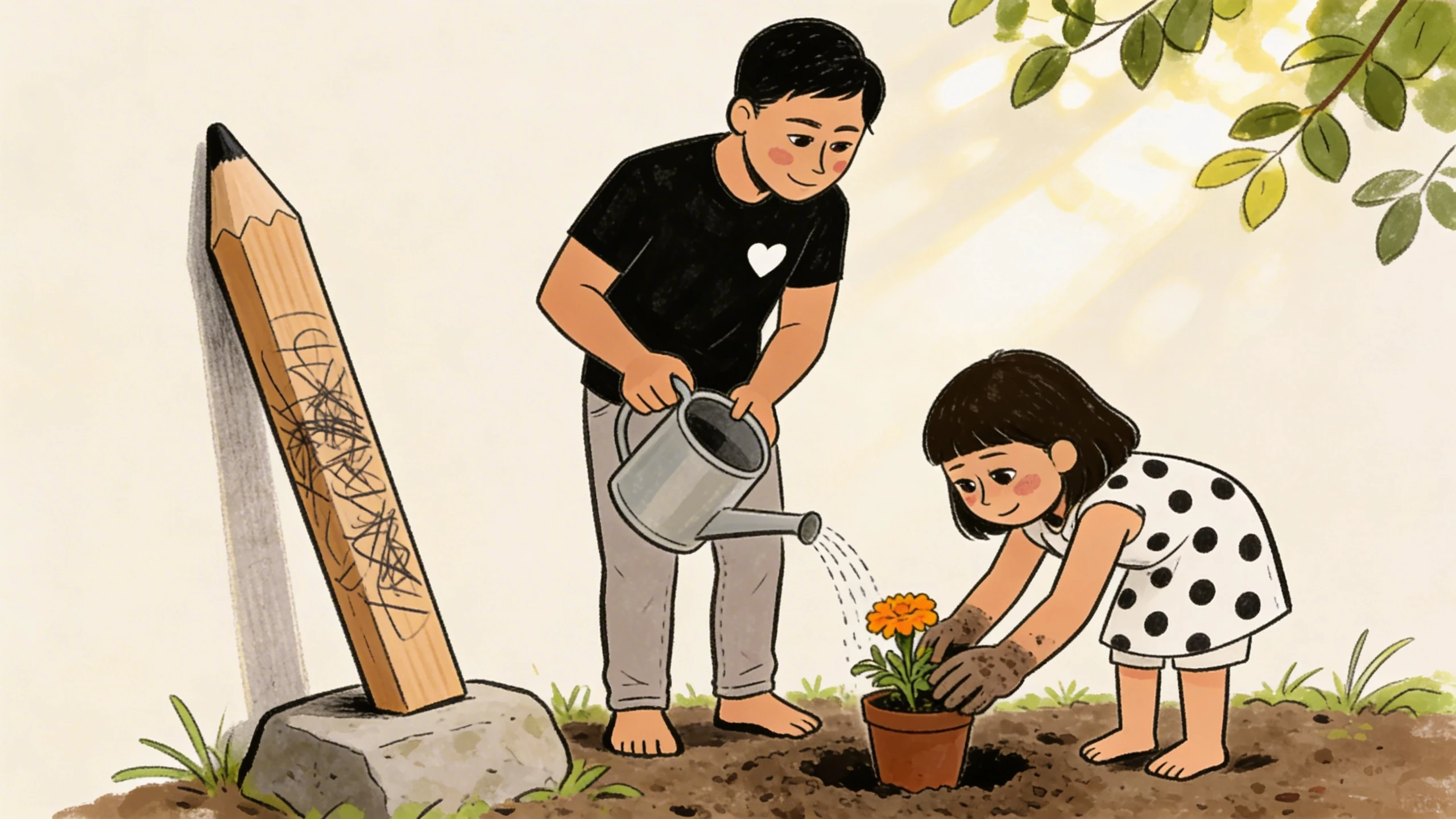 Boy watering a potted marigold while 5-year-old child plants it in soil beside a wooden memorial marker