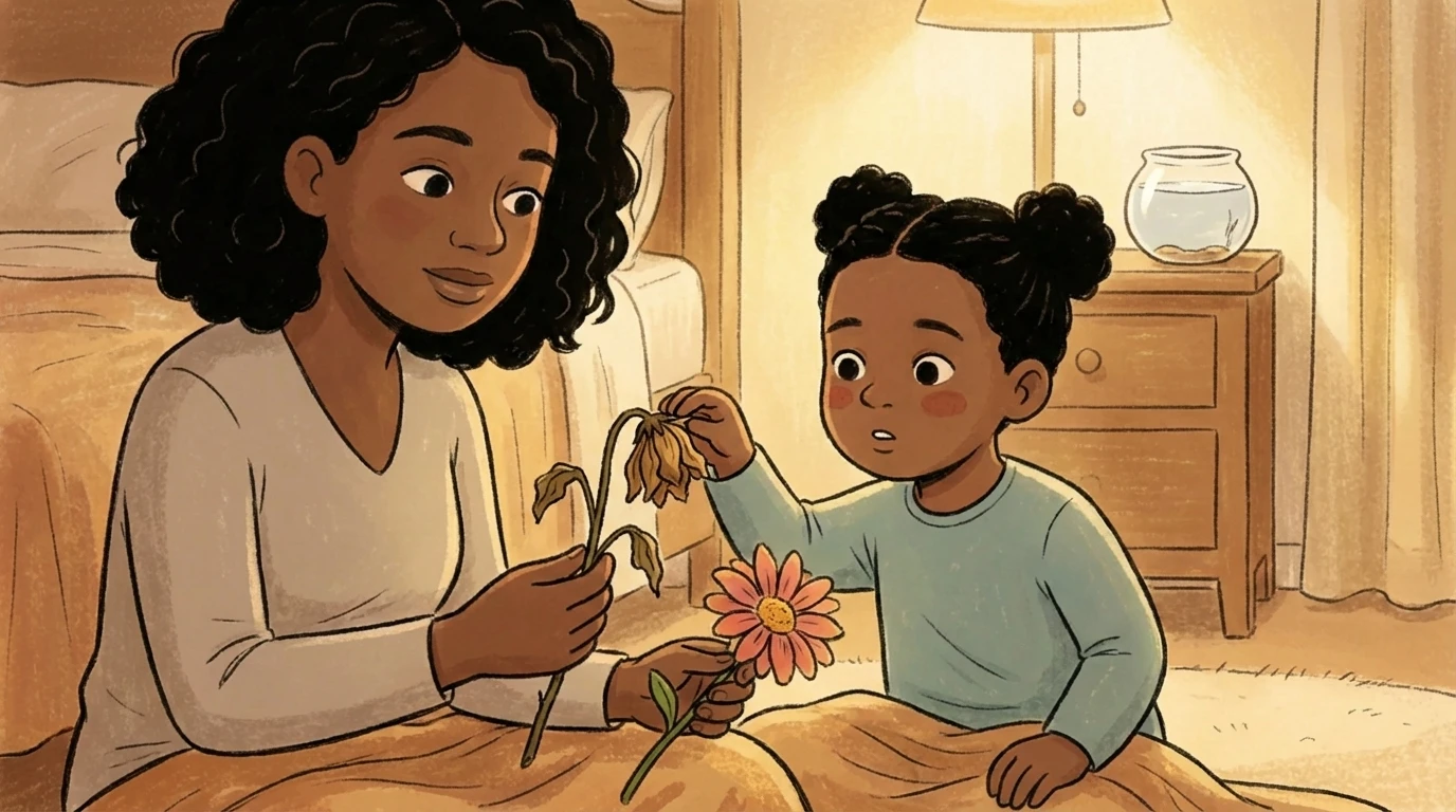 Mother showing a child a wilting flower and a fresh flower on a bed while explaining death.