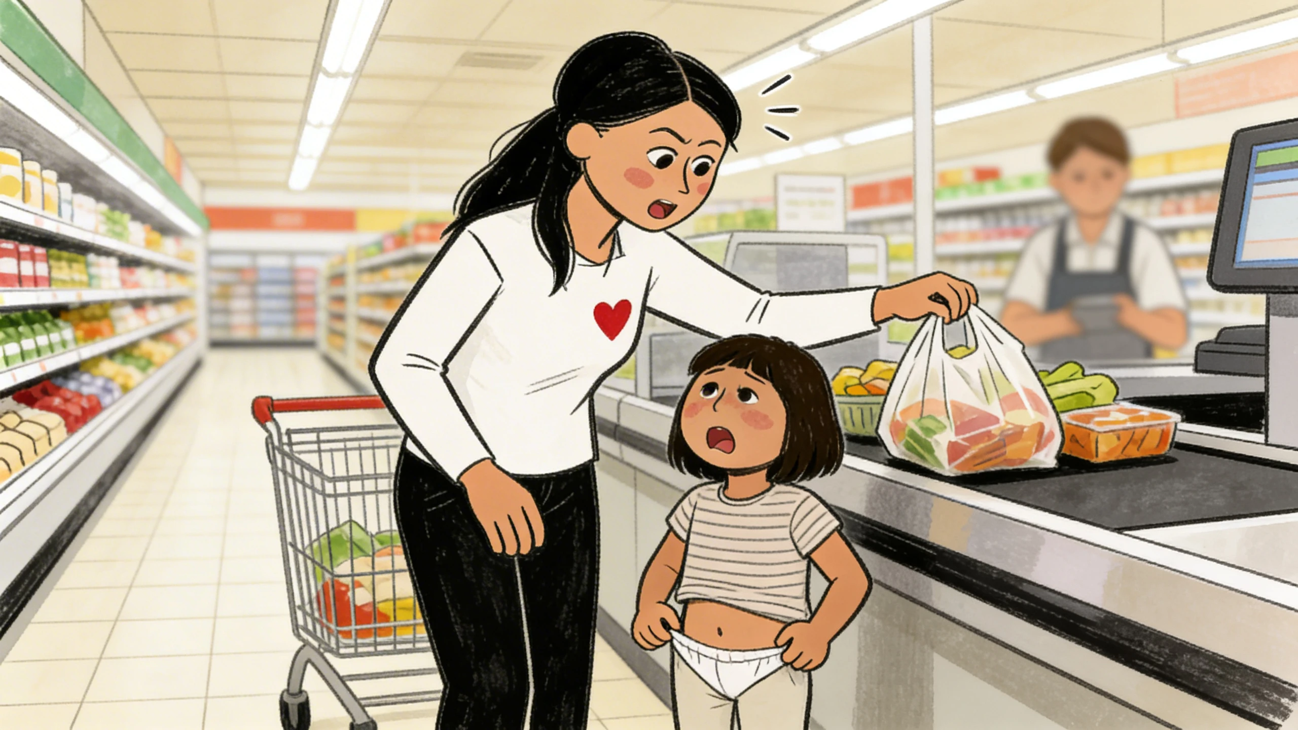 Mother leans toward child at grocery checkout as child's midriff is exposed, illustrating body safety awareness