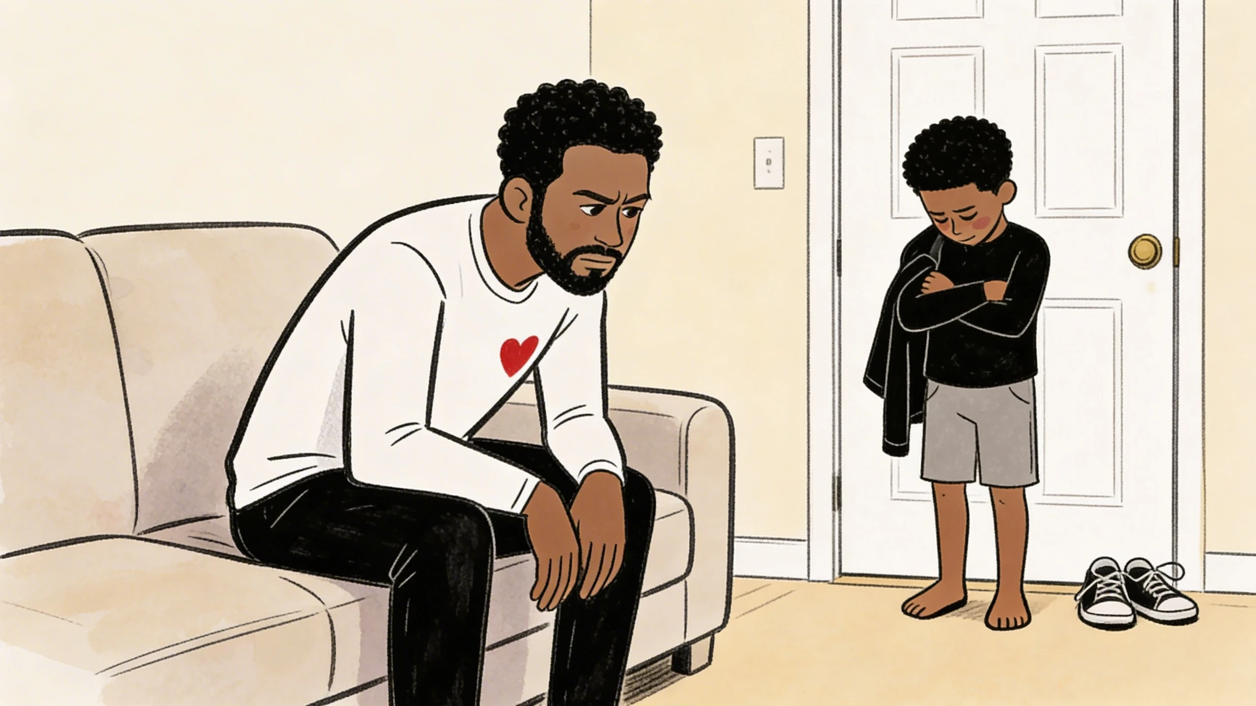 Father seated on couch leans forward speaking with a young child standing near the door, arms crossed
