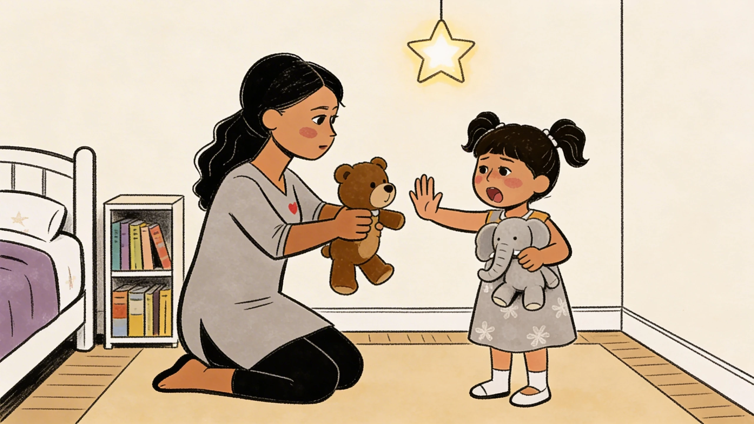 Parent kneeling offers a teddy bear while toddler holds up a hand in a stop gesture, teaching good touch boundaries