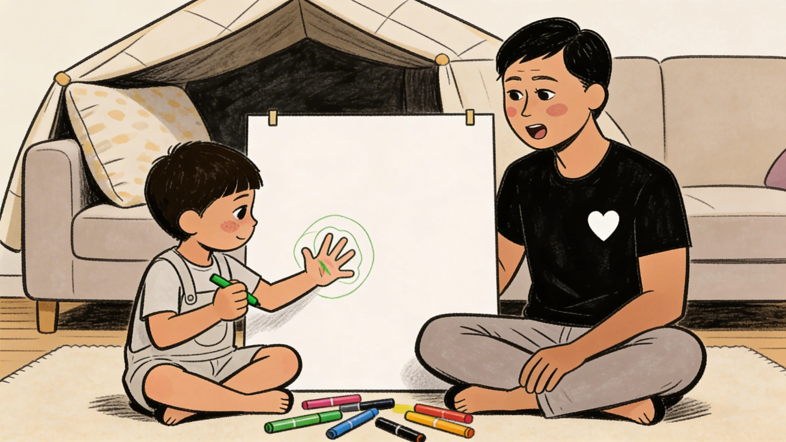 Father and child sit cross-legged on floor as child traces a hand outline on paper, a body safety teaching activity