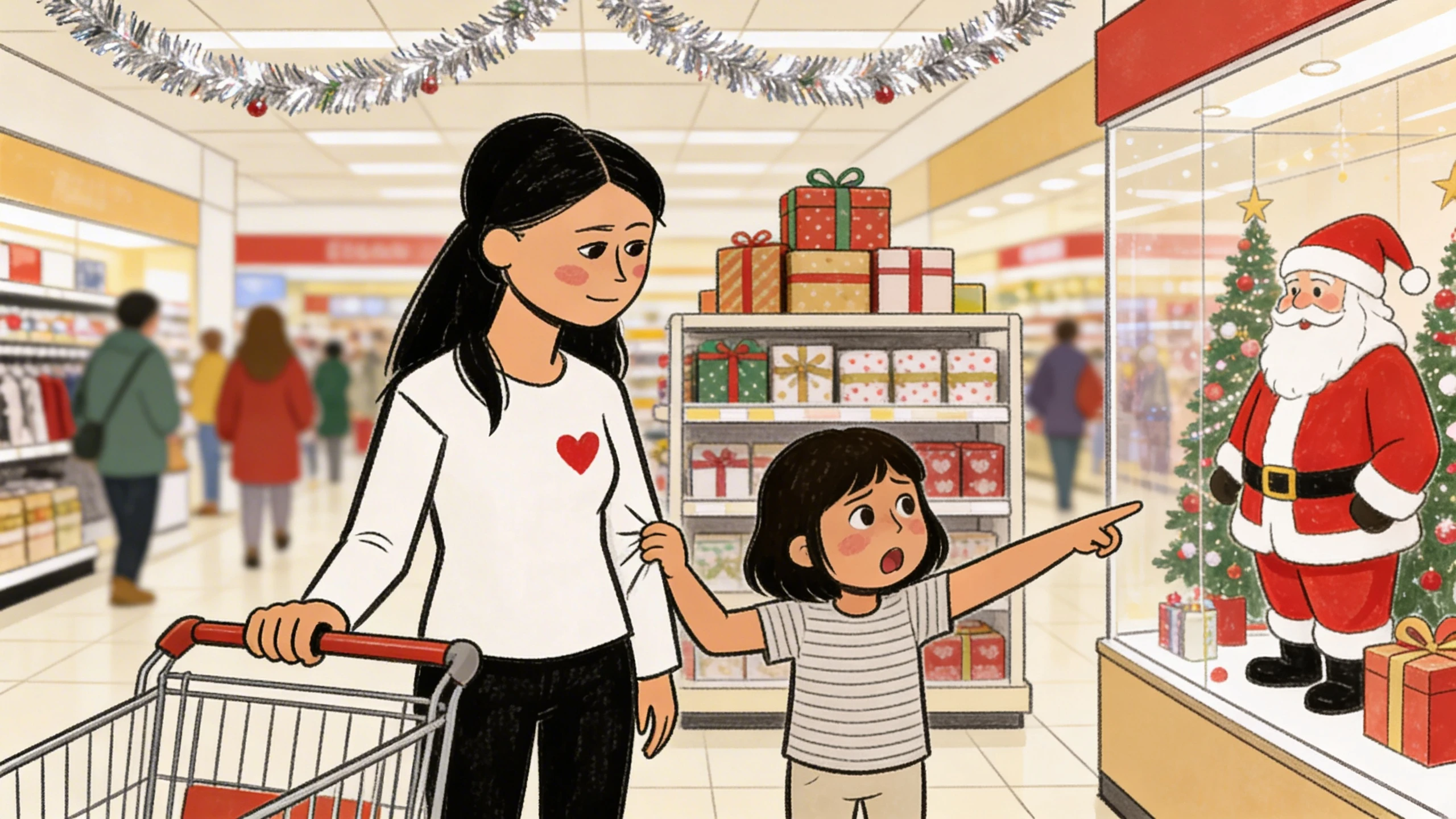Mother pushing shopping cart while 4-year-old daughter points at Santa display in decorated store aisle