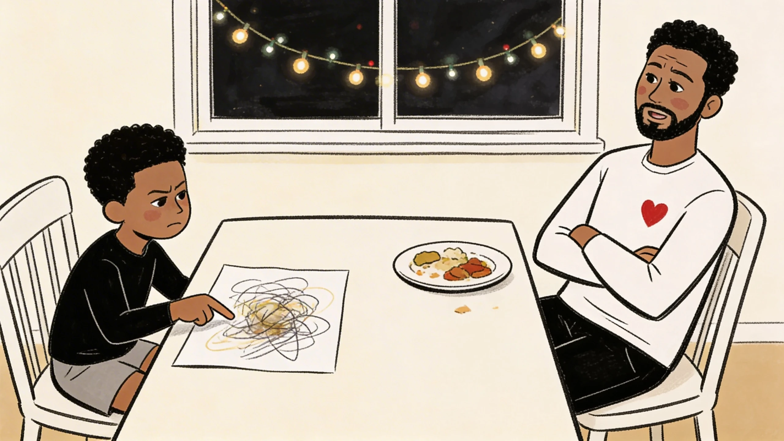 Father with arms crossed sitting across from 6-year-old son with drawing at kitchen table, string lights in window