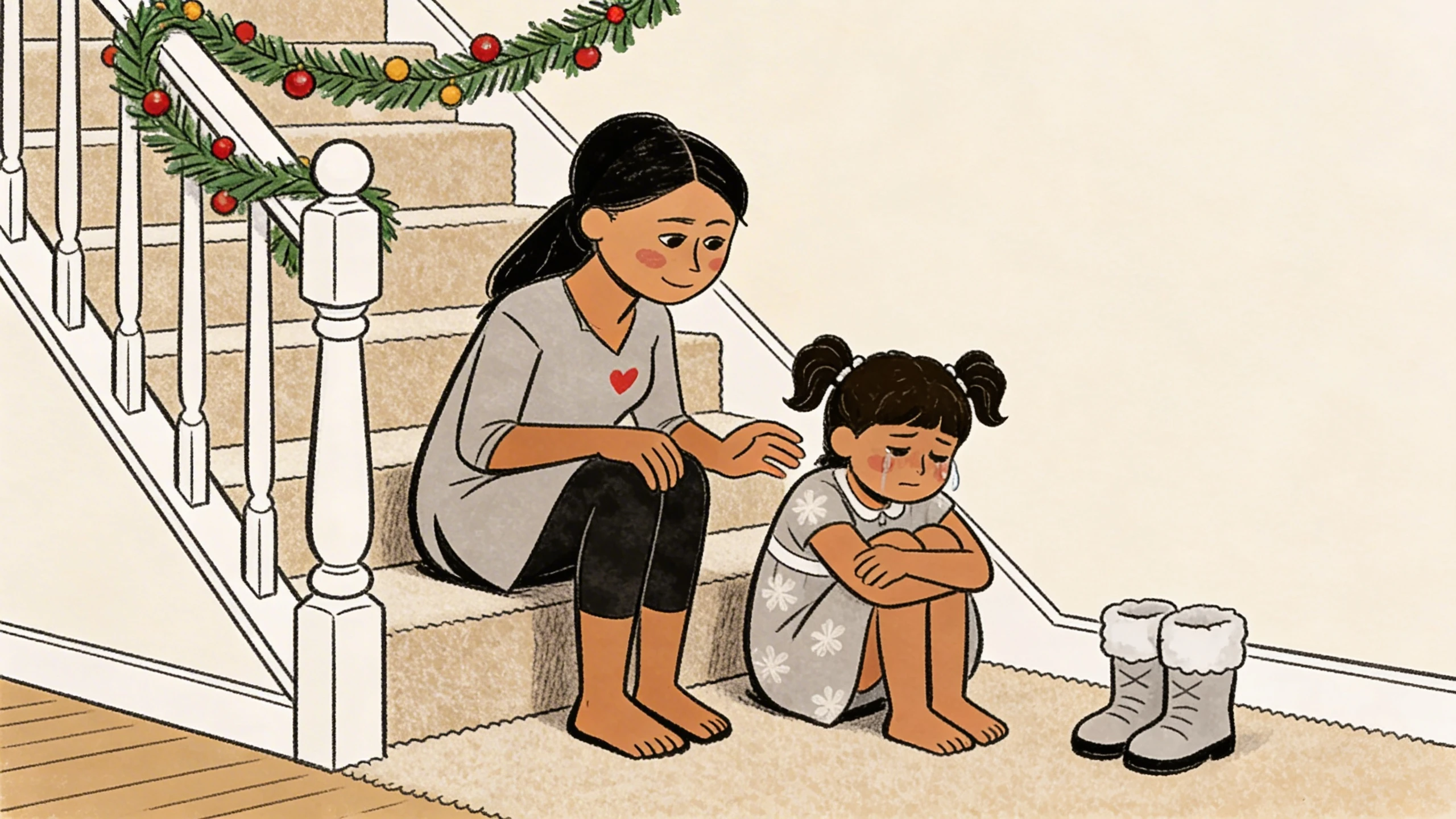 Mother sitting on garland-decorated staircase reaching toward 5-year-old daughter hugging her knees on the floor