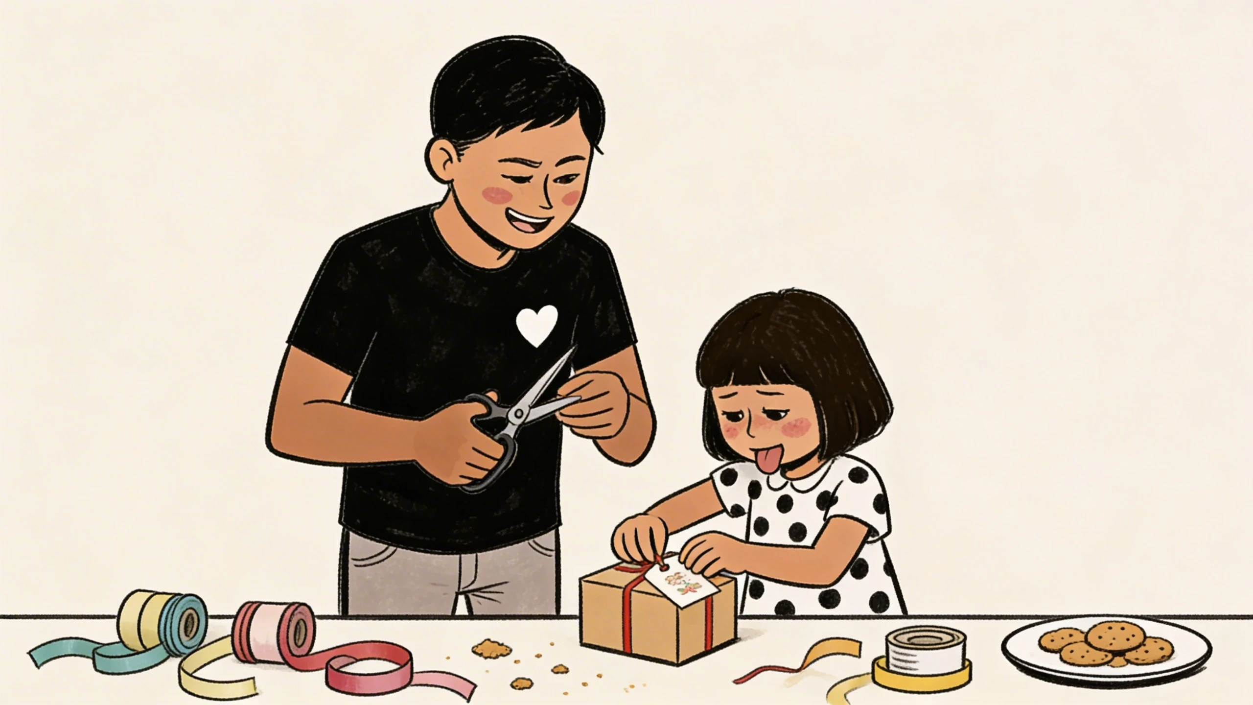 Older sibling cutting ribbon while 5-year-old sister wraps a gift box at table with tape, ribbons, and cookies